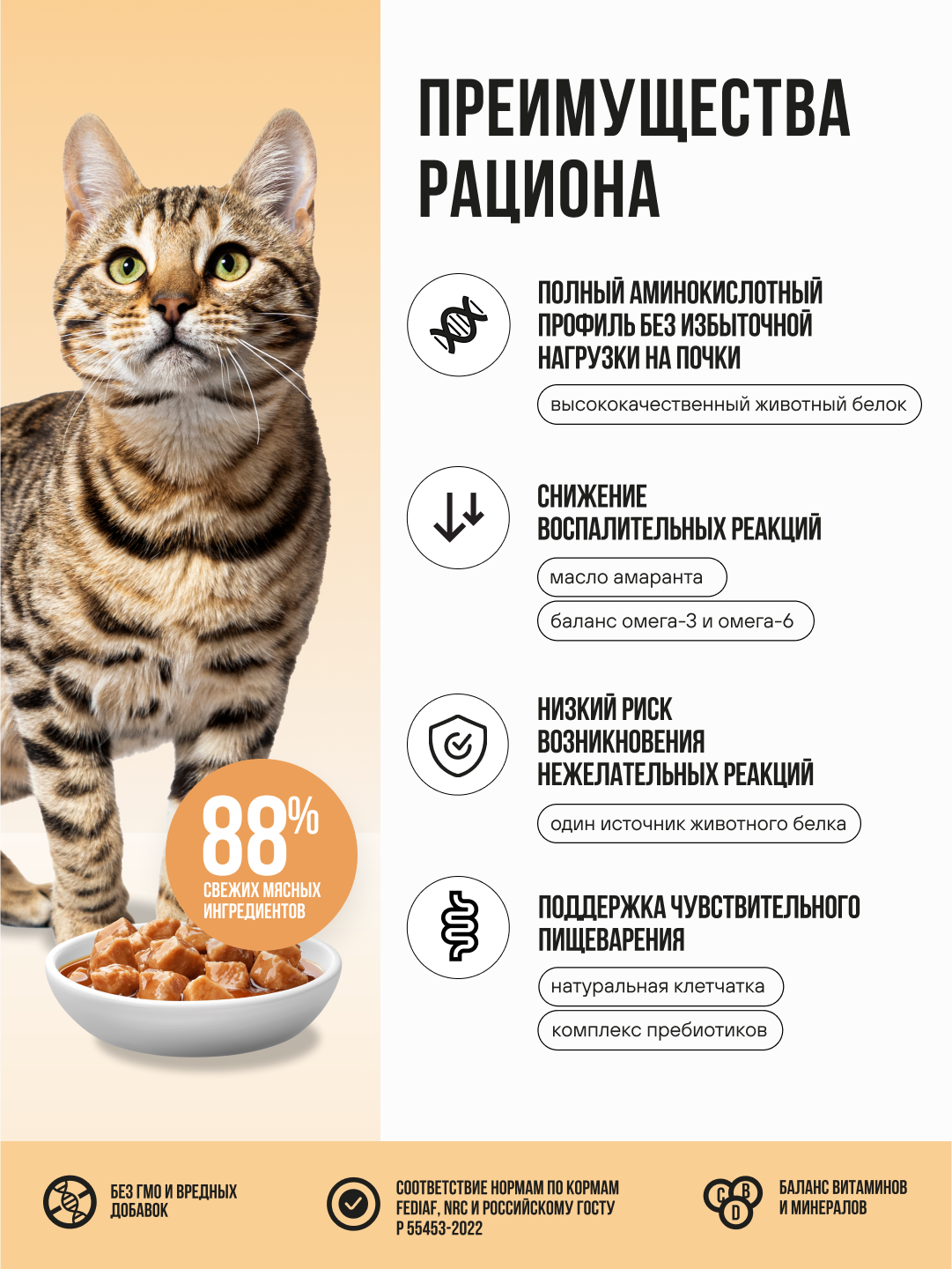 Полнорационный влажный корм BOWL WOW в соусе для кошек с чувствительным пищеварением с цыпленком и овощами 85г - фото 3