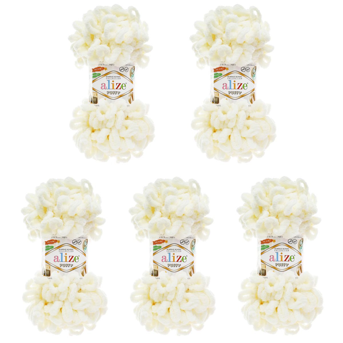 Пряжа для вязания Alize puffy 100 г 9 м микрополиэстер фантазийная плюшевая 62 молочный 5 мотков - фото 3