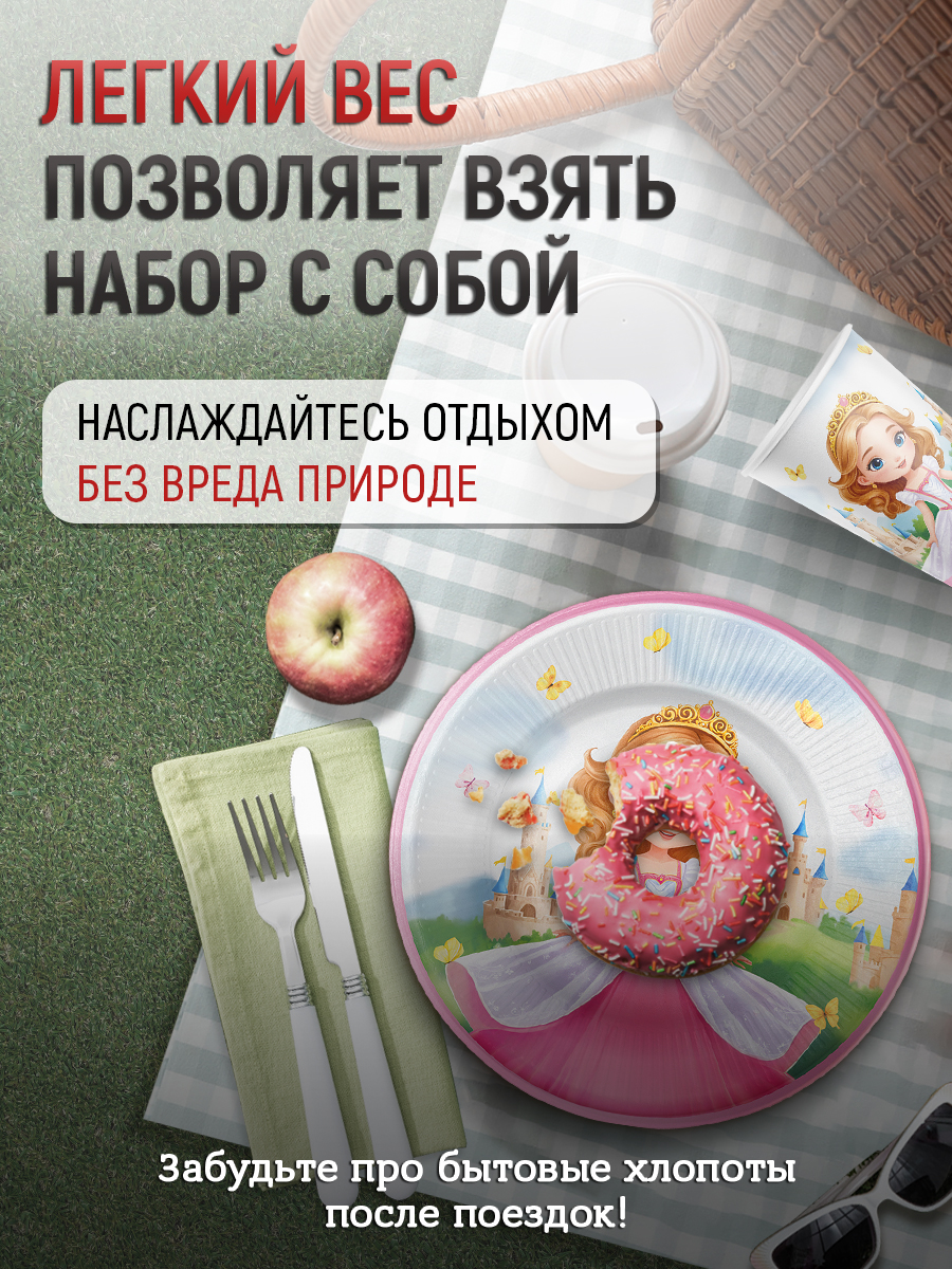 Посуда одноразовая для девочки Империя поздравлений Набор тарелок и стаканов Сказочная принцесса - фото 3