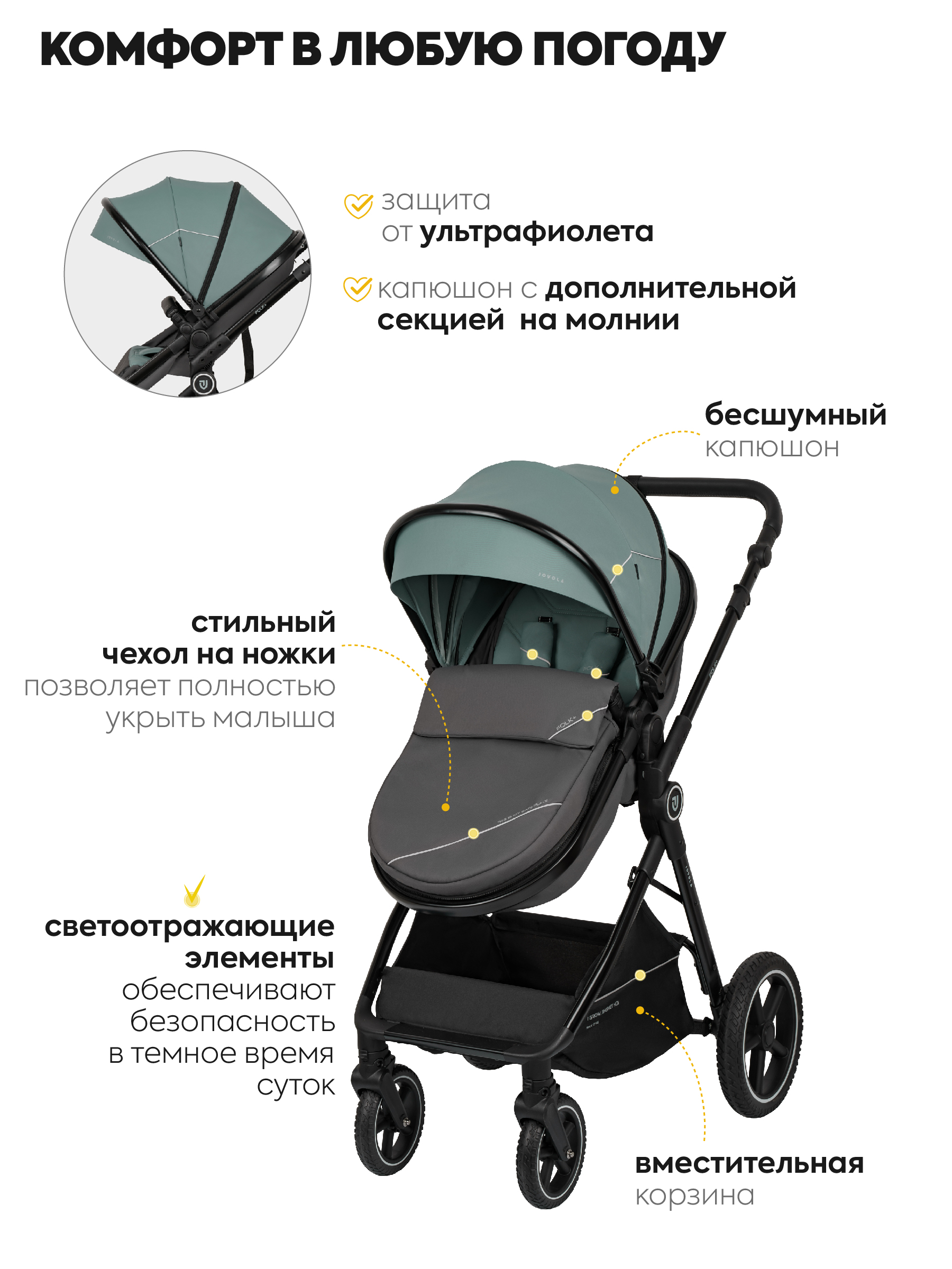 Коляска трансформер JOVOLA Folk+ 3в1 зеленый - фото 8