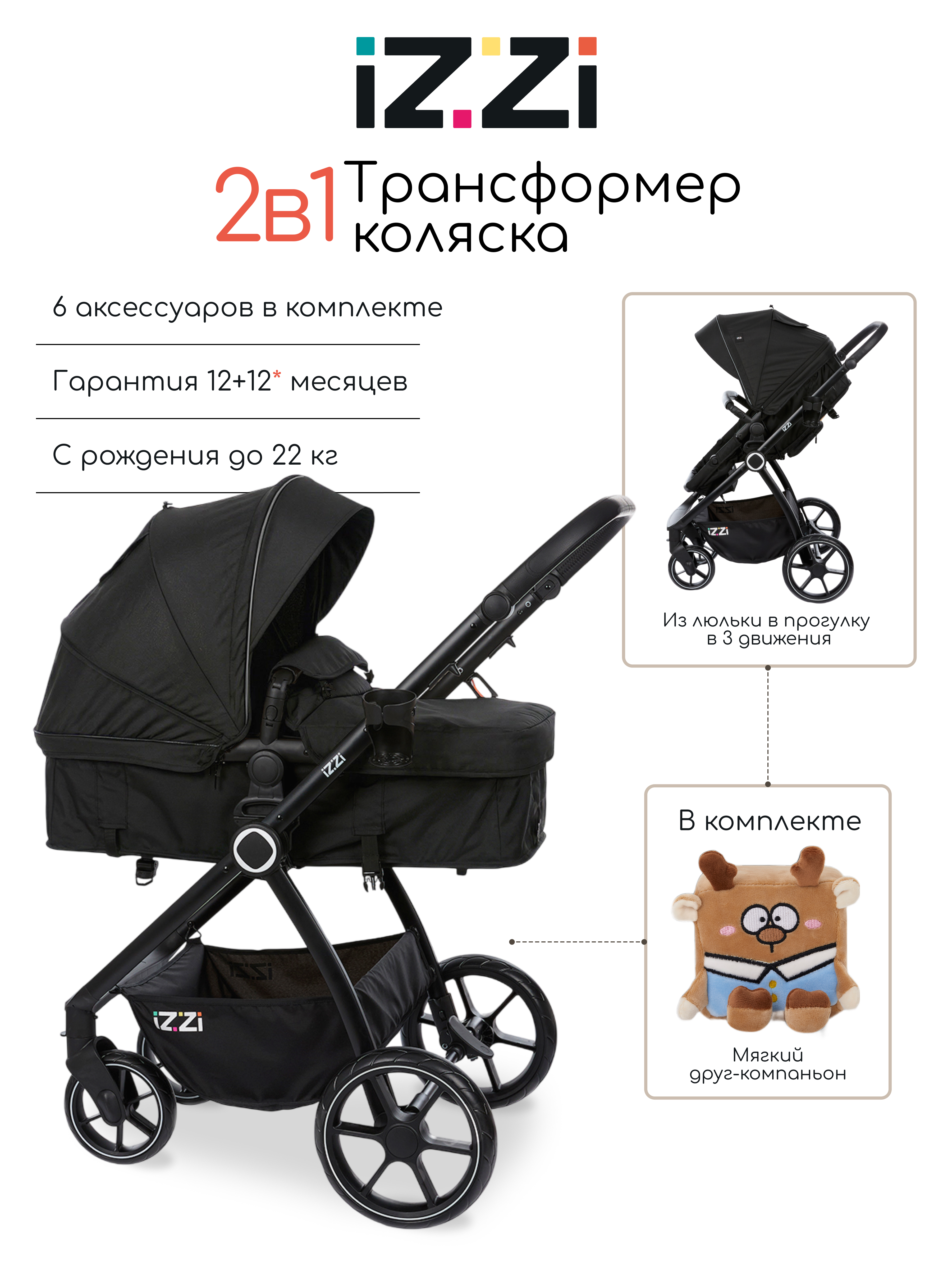 Изображение товара Коляска трансформер iZZi Универсальная черный 2 в 1