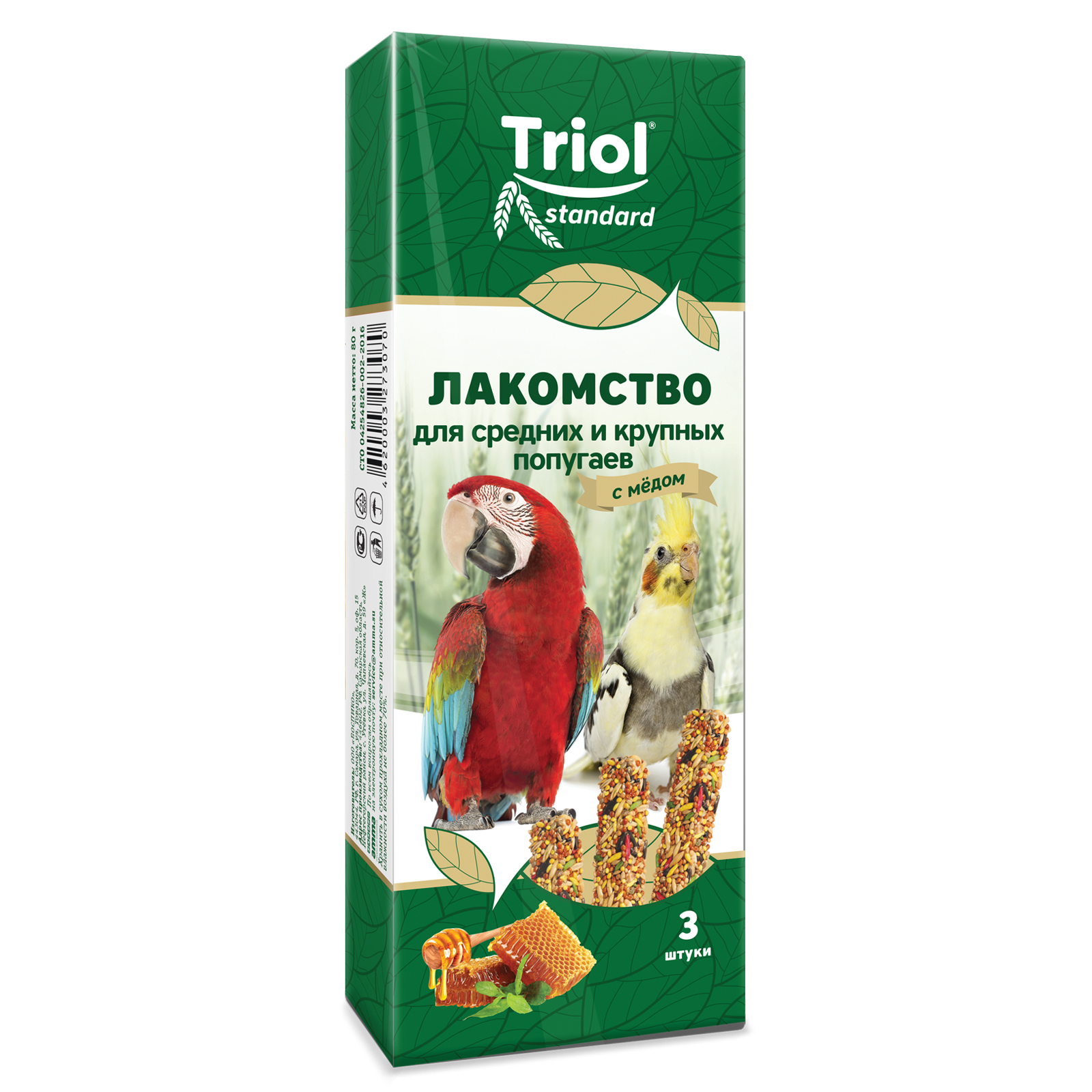 Лакомство для попугаев Triol 80г Standard средних и крупных с мёдом 3шт - фото 1