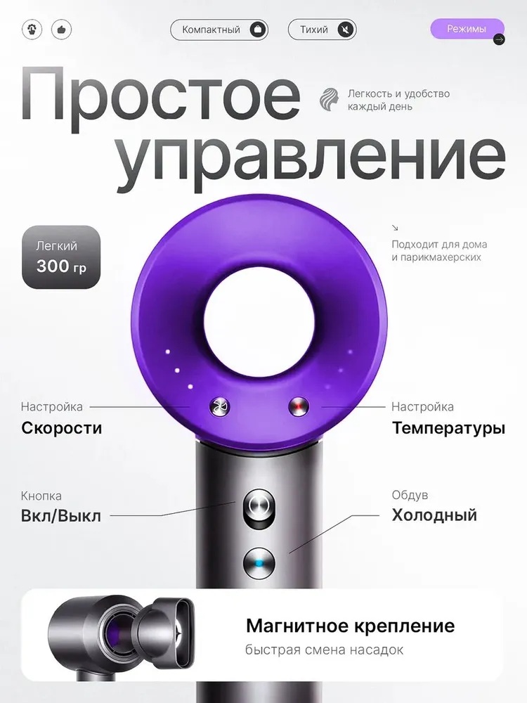 Фен с 5 магнитными насадками CASTLELADY с ионизацией 1600 BT шнур 1,8 метра фиолетовый - фото 3