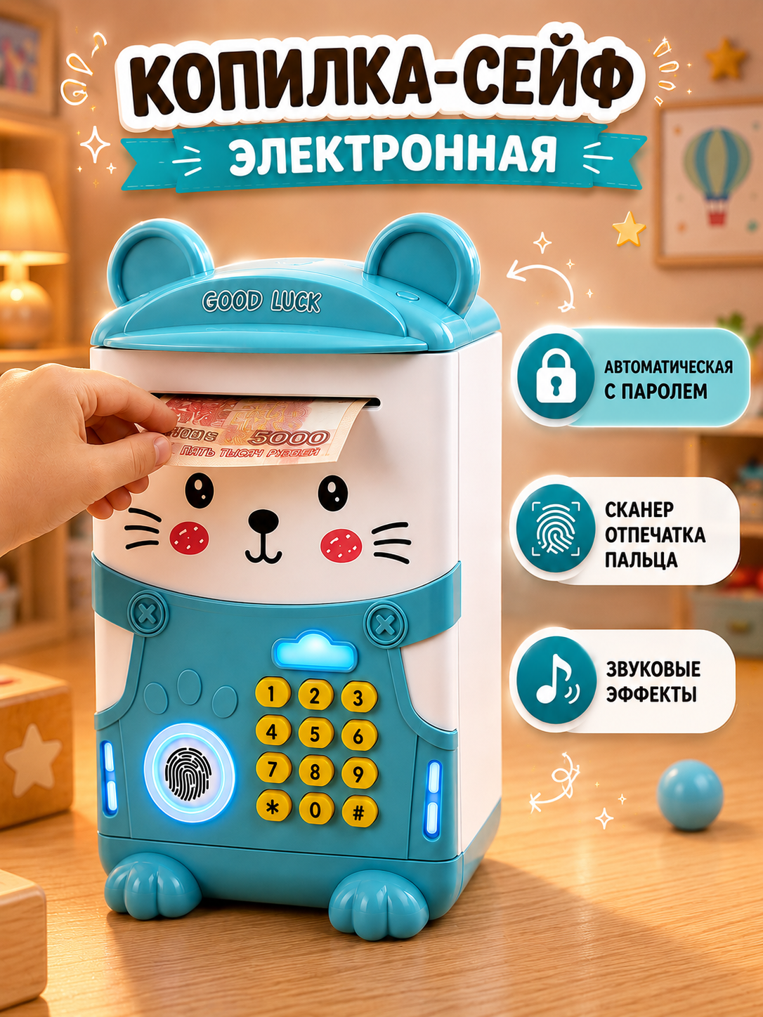 Изображение товара Электронная копилка-сейф BalaToys для денег, монет и купюр с кодовым замком Изображение товара Электронная копилка-сейф BalaToys для денег, монет и купюр с кодовым замком