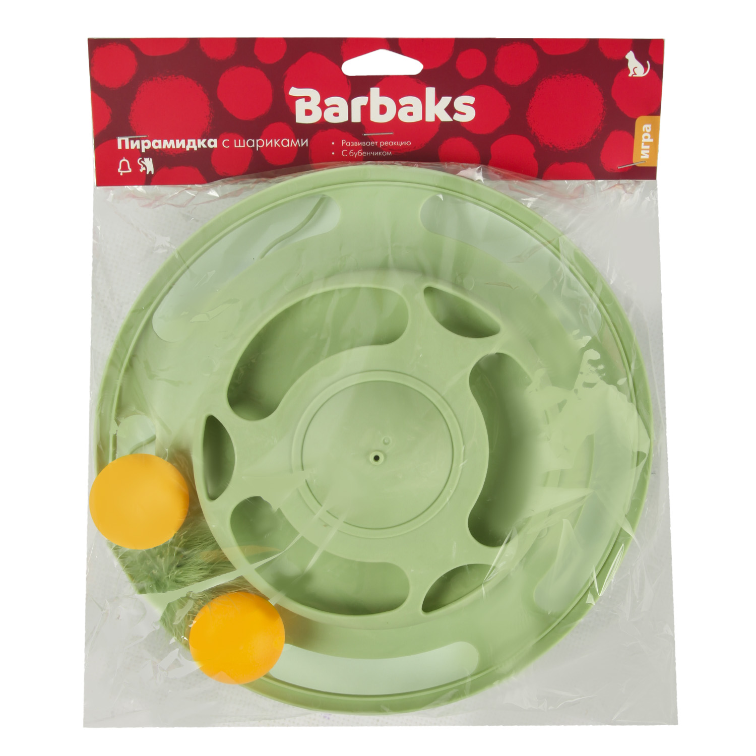 Игрушка для кошек Barbaks Пирамидка с пером и шариками 3-слойная интерактивная 24*15см зеленая - фото 7