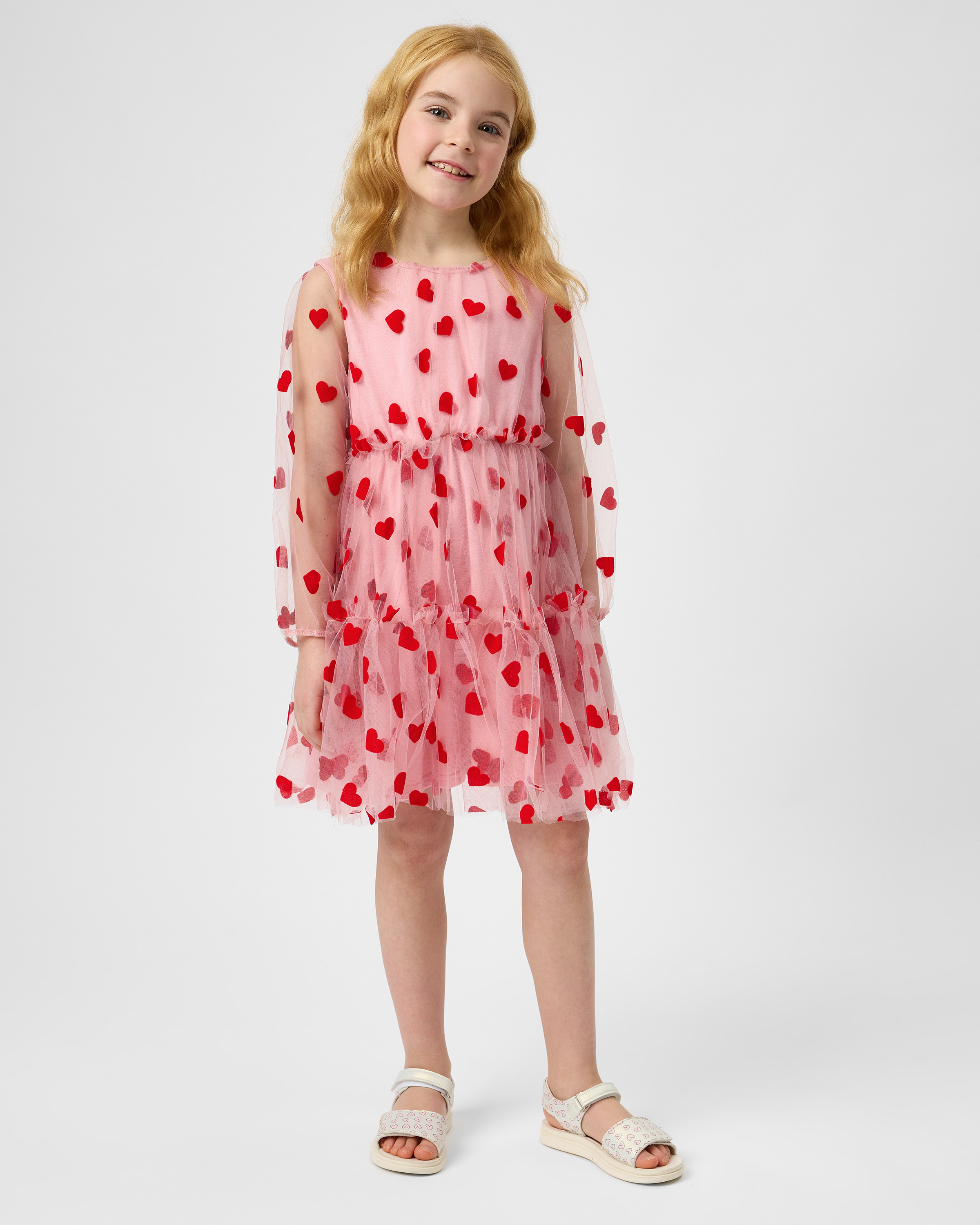 Изображение товара Детское ярусное платье Futurino 110 для девочек розовое с принтом сердечками