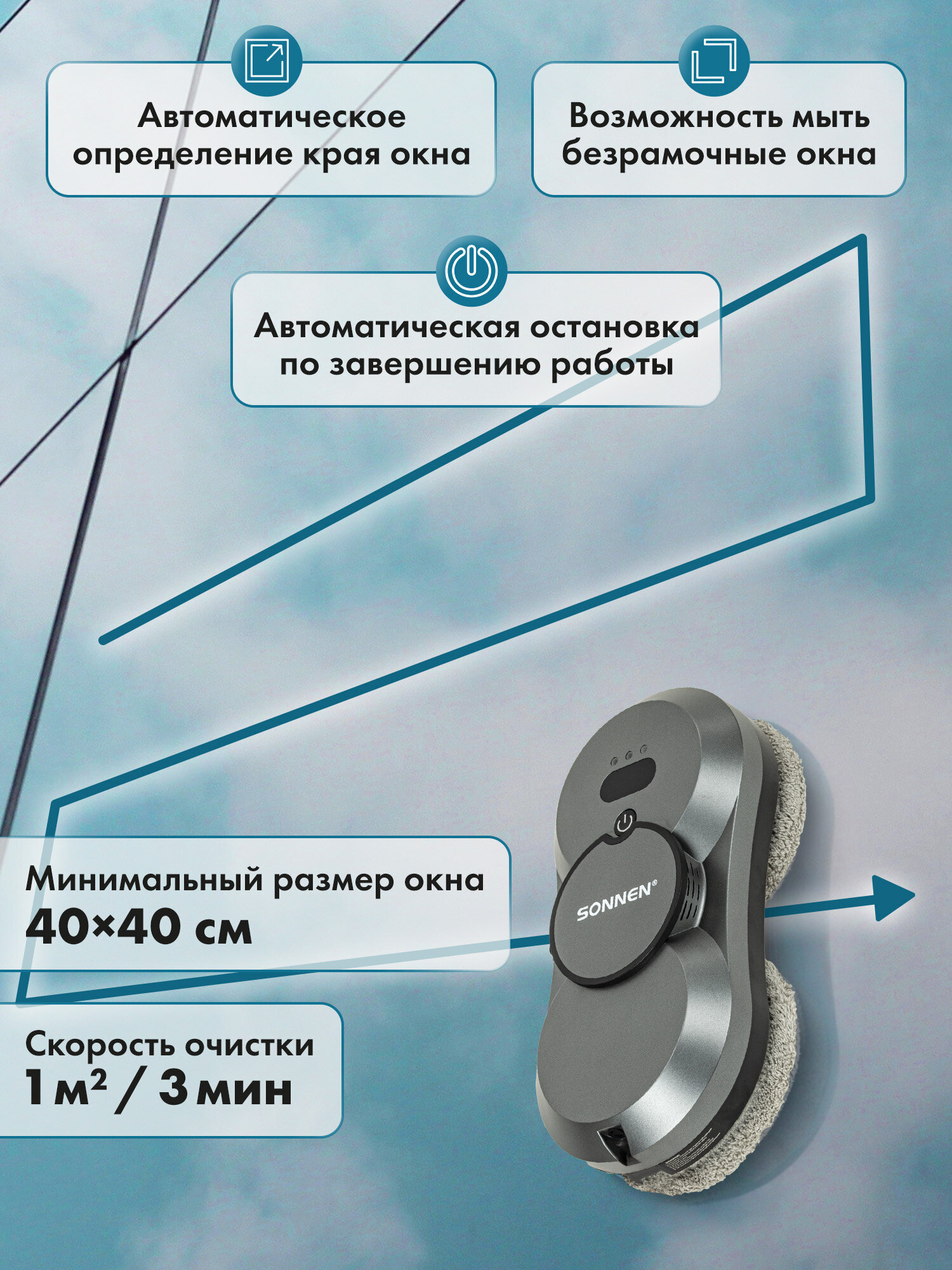 Робот мойщик окон Sonnen с распылением датчик от падения 26 салфеток пульт ДУ - фото 3