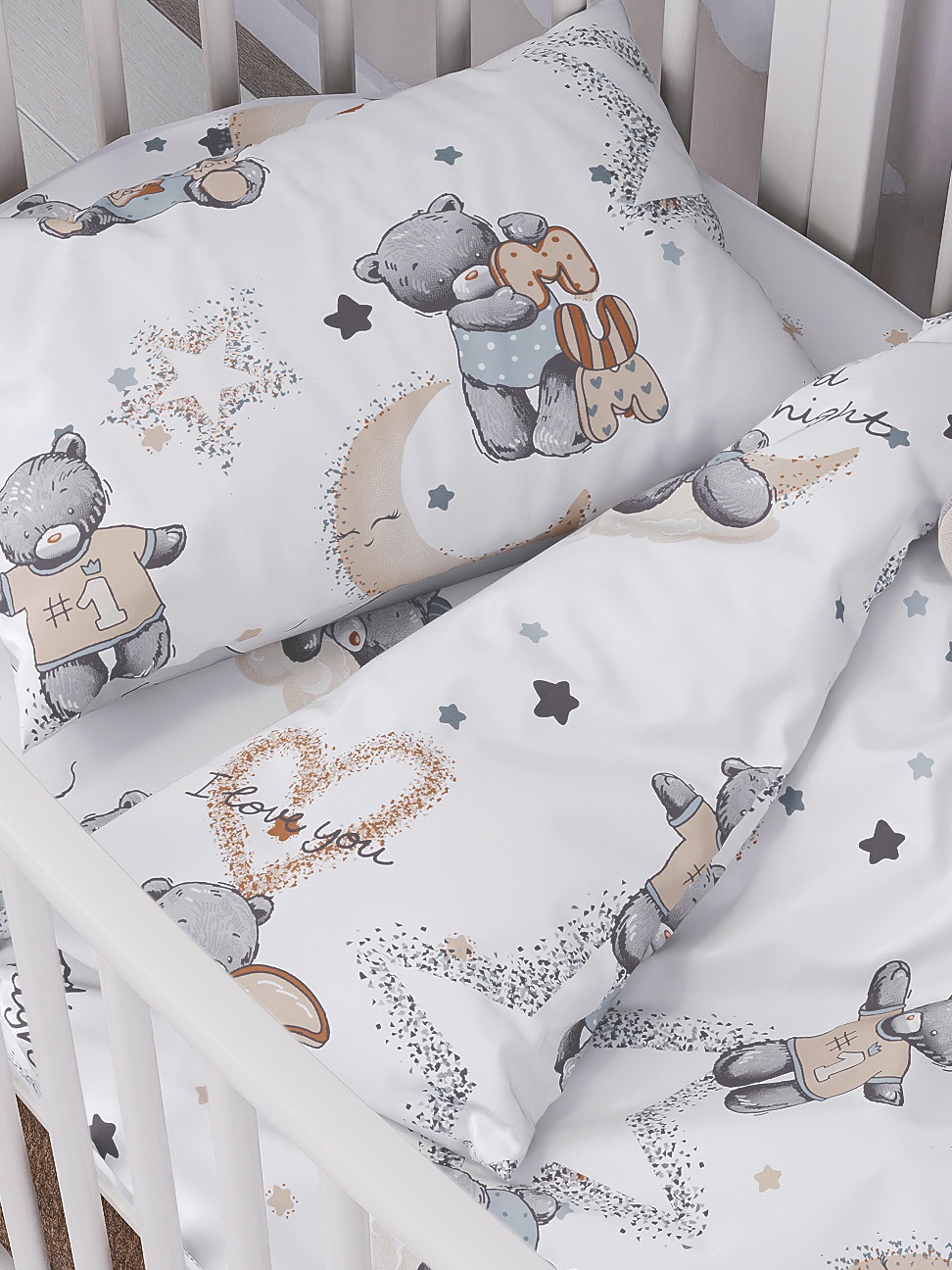Комплект постельного белья Lemony kids в овальную кроватку Teddy bear Белый 3 предмета - фото 3