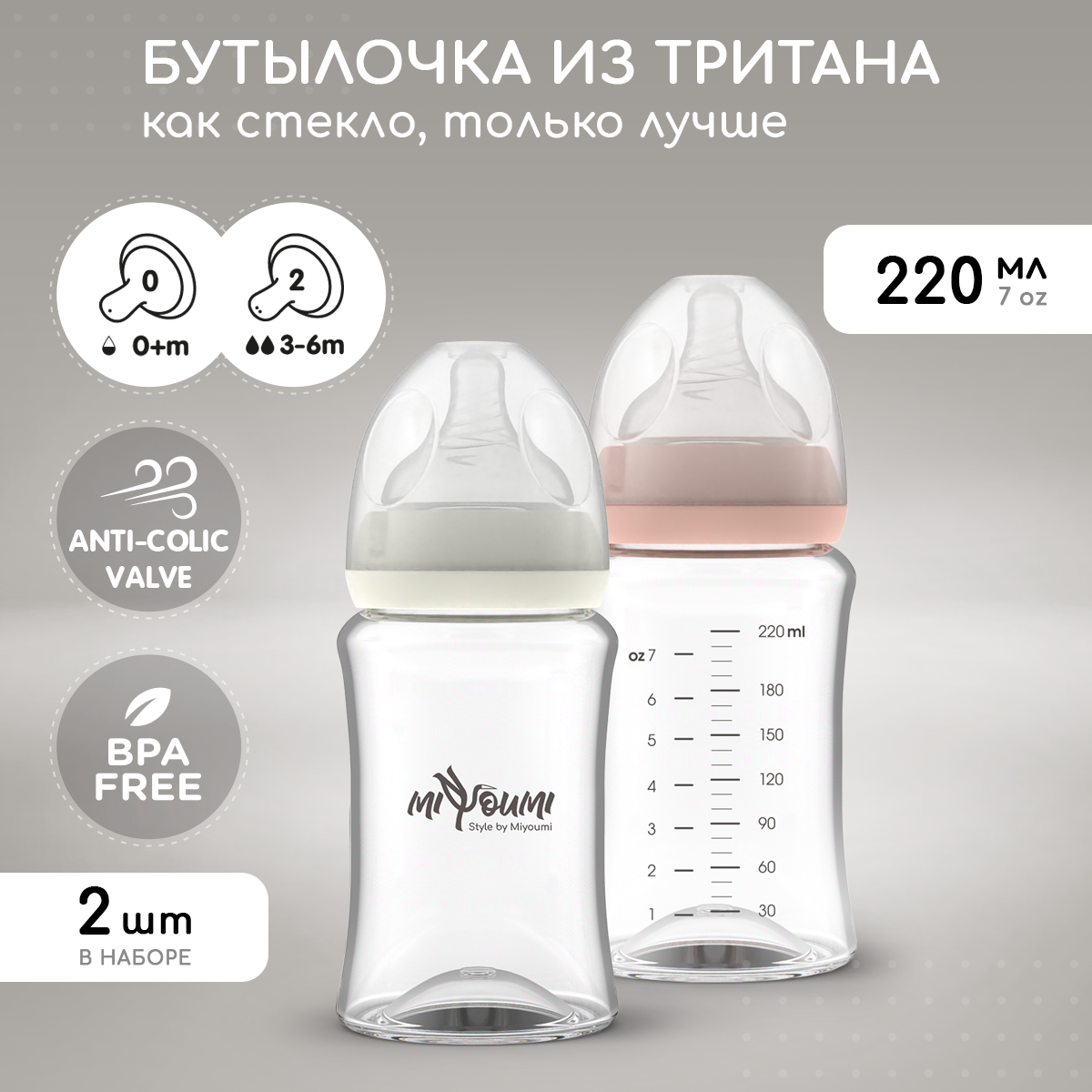 Бутылочка Miyoumi Anti-Colic 220 мл 2 шт. - фото 1