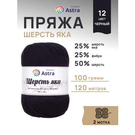Пряжа Astra Premium Шерсть яка Yak wool теплая мягкая 100 г 120 м 12 черный 2 мотка
