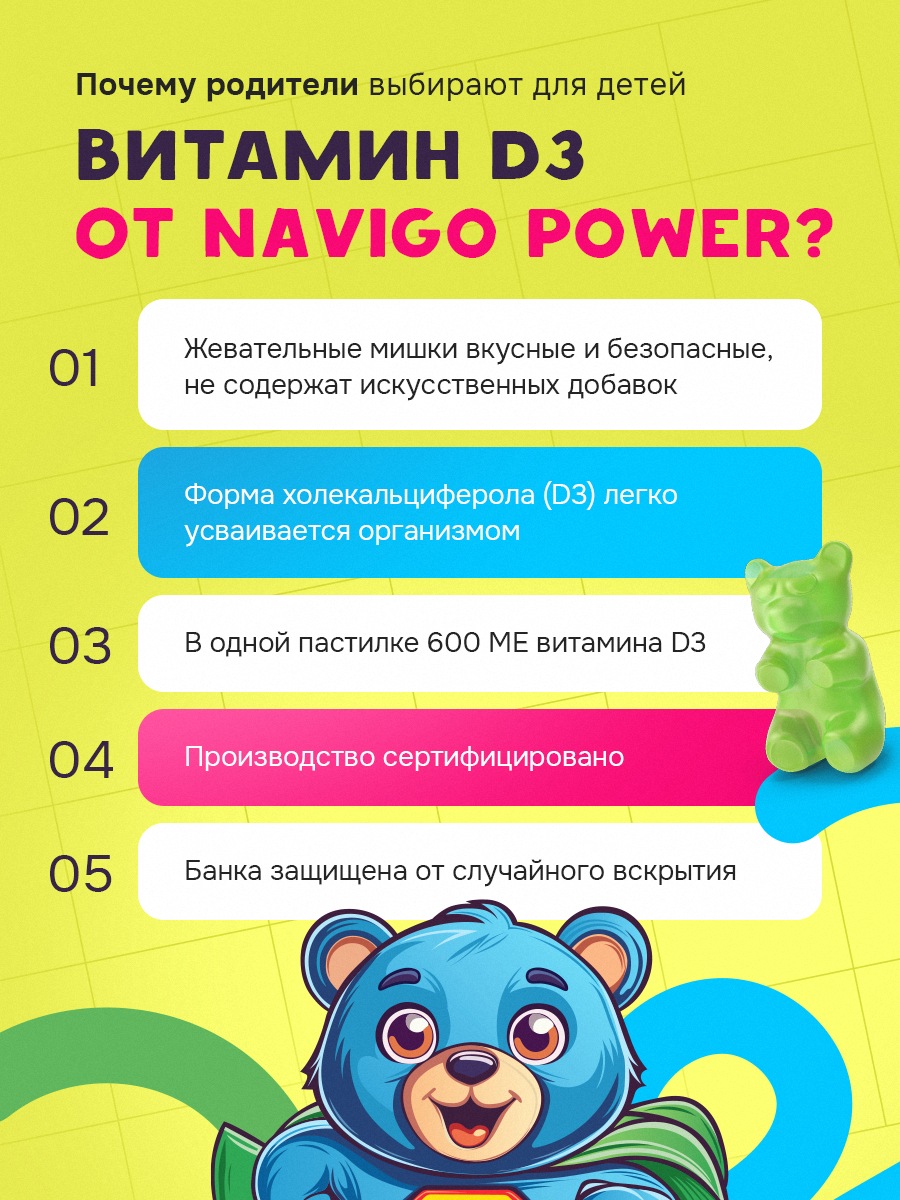 БАД NAVIGO POWER Витамин Д3 60 жевательных мармеладок со вкусом яблока - фото 3