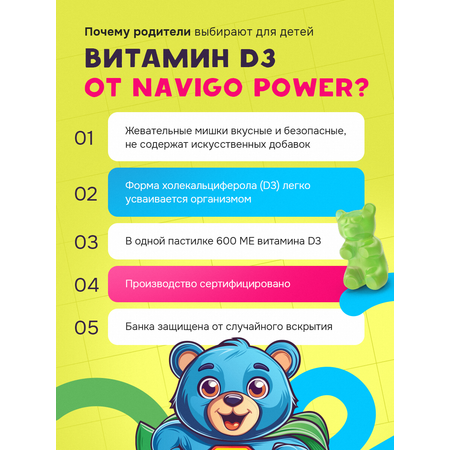 БАД NAVIGO POWER Витамин Д3 60 жевательных мармеладок со вкусом яблока
