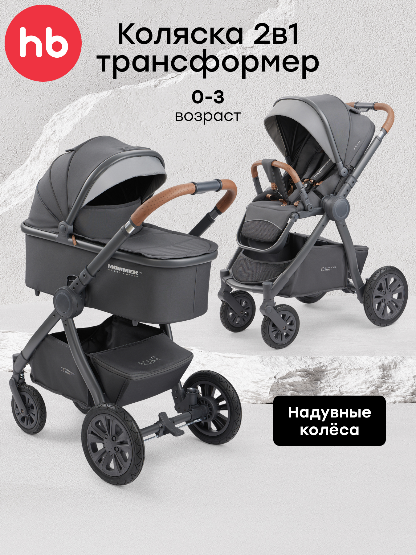 Изображение товара Коляска 2в1 Happy Baby MOMMER PRO серый - универсальная прогулочная и люлька
