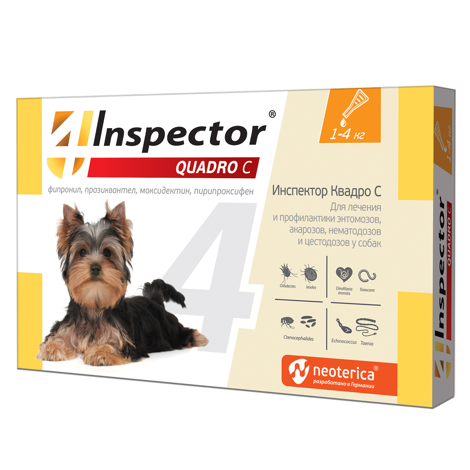 Капли от клещей блох и глистов для собак Inspector Quadro 1-4кг 0.4мл - фото 1