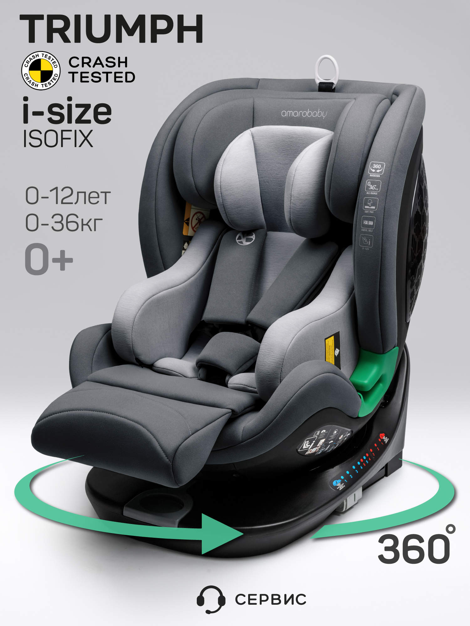 Автокресло Amarobaby Triumph Isofix 0+/1/2/3 (0-36 кг) серый - фото 1