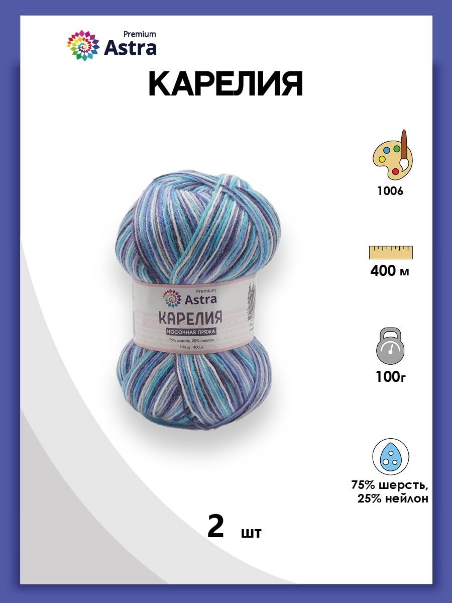 Пряжа для вязания Astra Premium карелия носочная шерсть нейлон 100 гр 400 м цвет 1006 2 мотка - фото 1