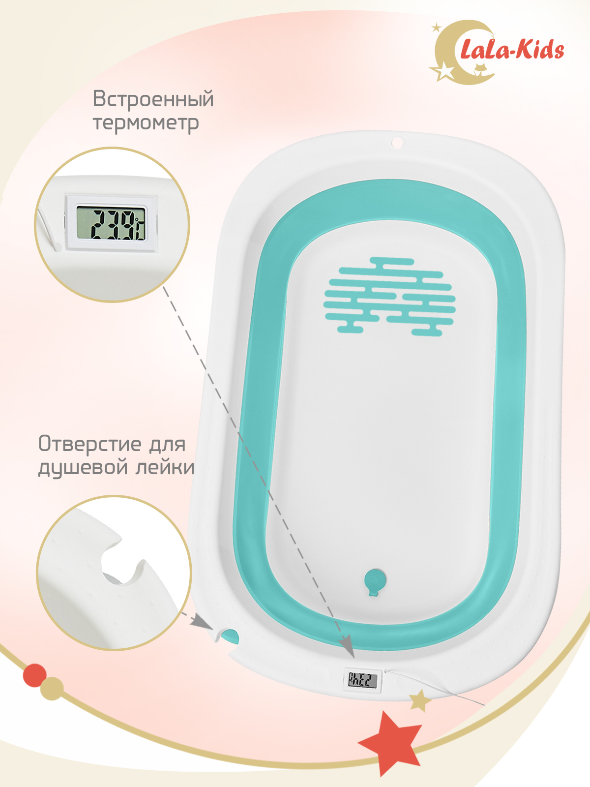 Складная ванночка для купания LaLa-Kids с термометром складным ковшом и матрасиком в комплекте - фото 7