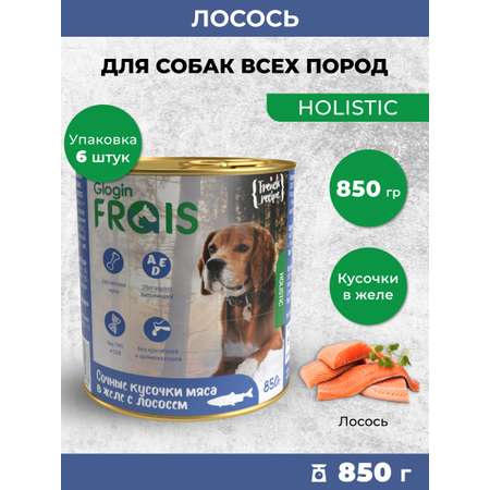 Консервированный корм Frais Влажный Holistic для собак кусочки мяса в желе с лососем 850г х 6шт