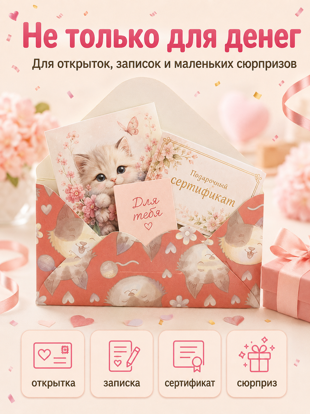 Конверты для денег детские Филькина Грамота С днём рождения с котёнком 10шт. - фото 7