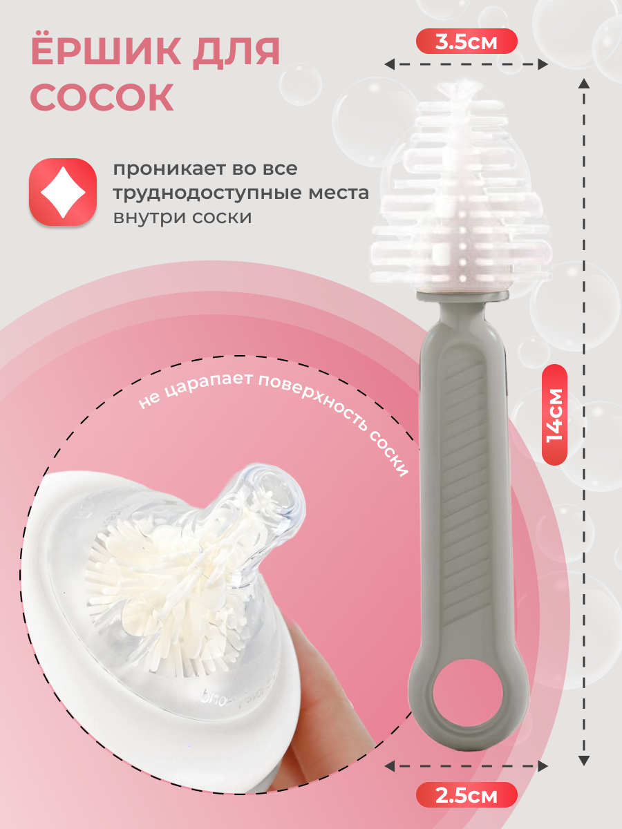 Ершик для бутылочек и сосок CHEREMASHKA силиконовый серый набор 4 предмета - фото 3
