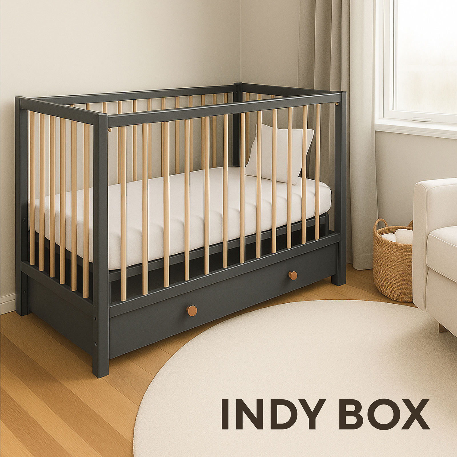 Детская кроватка Rant Indy Box, продольный маятник (графит) - фото 1