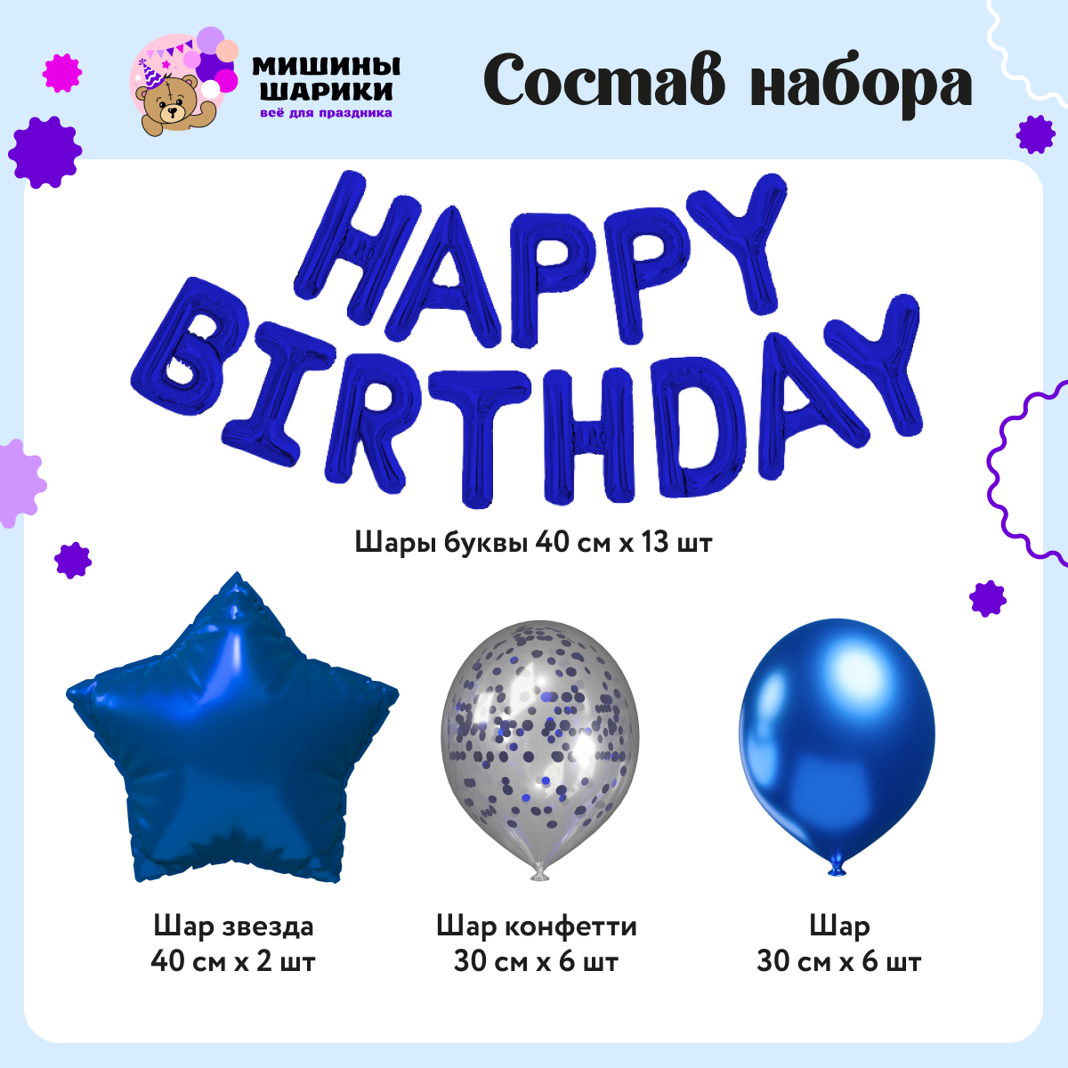 Воздушные шары Happy Birthday Мишины шарики для фотозоны на день рождения латексные и фольгированные - фото 2
