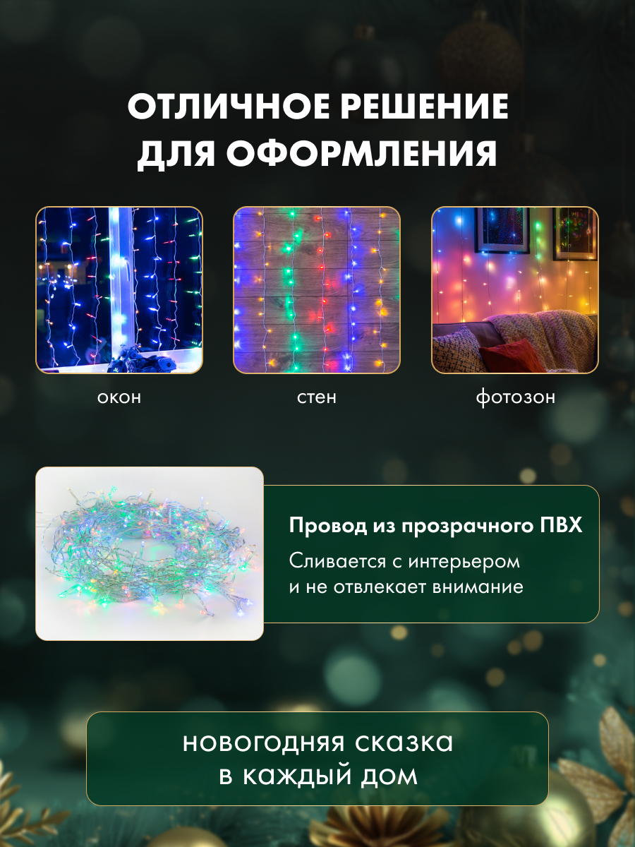 Светодиодная гирлянда NEON-NIGHT Дождь-занавес 1.5х1.5 м 8 режимов свечение мультиколор 235-039 - фото 5