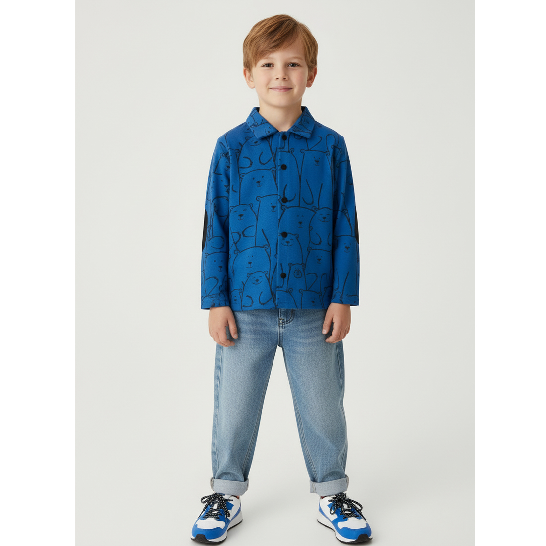 Изображение товара Утепленная хлопковая рубашка для мальчика YOULALA 110 с декоративными заплатками