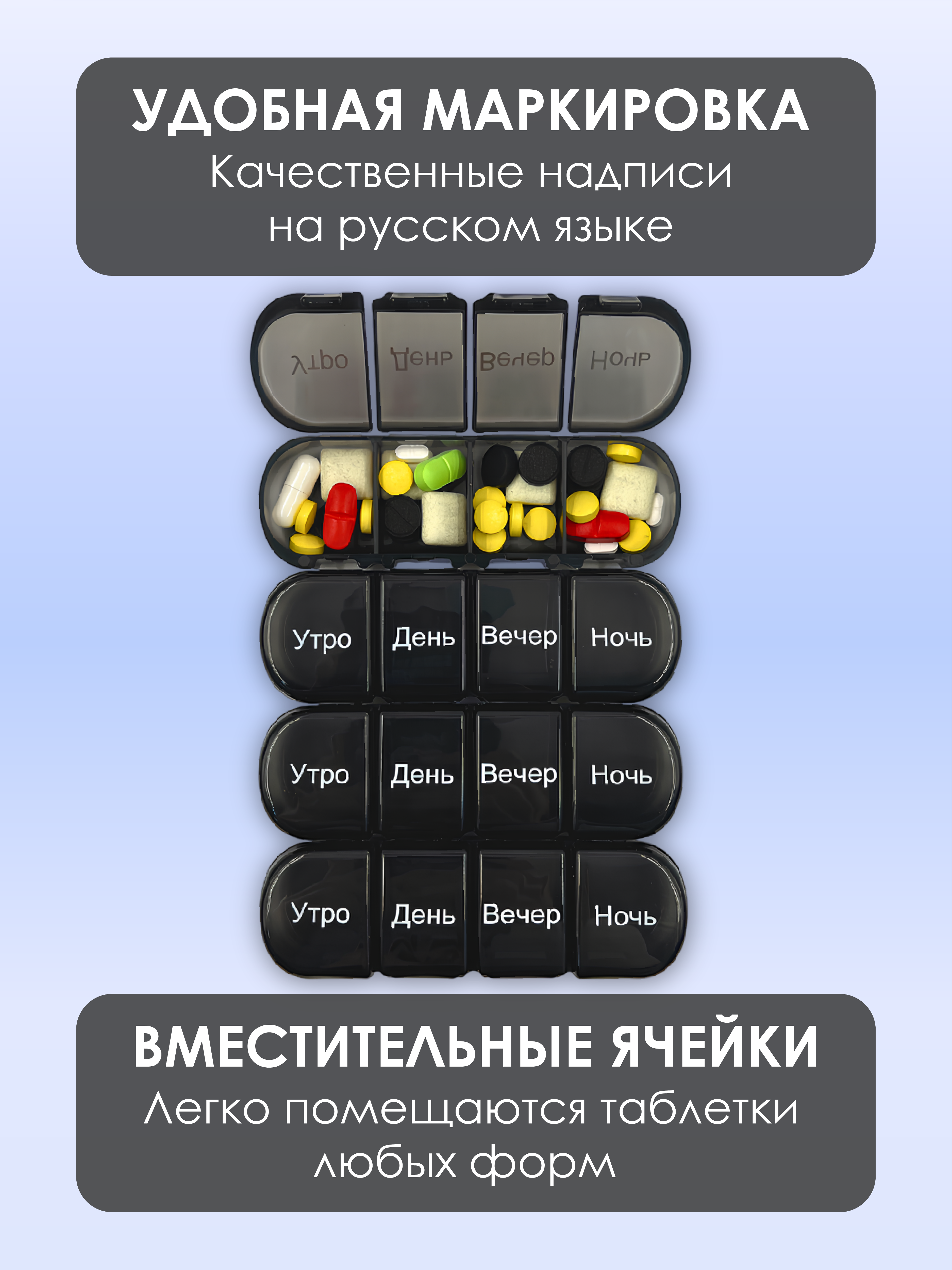 Таблетница на неделю AXLER 4 приема, бокс для лекарств контейнер для таблеток кейс органайзер для витаминов - фото 5