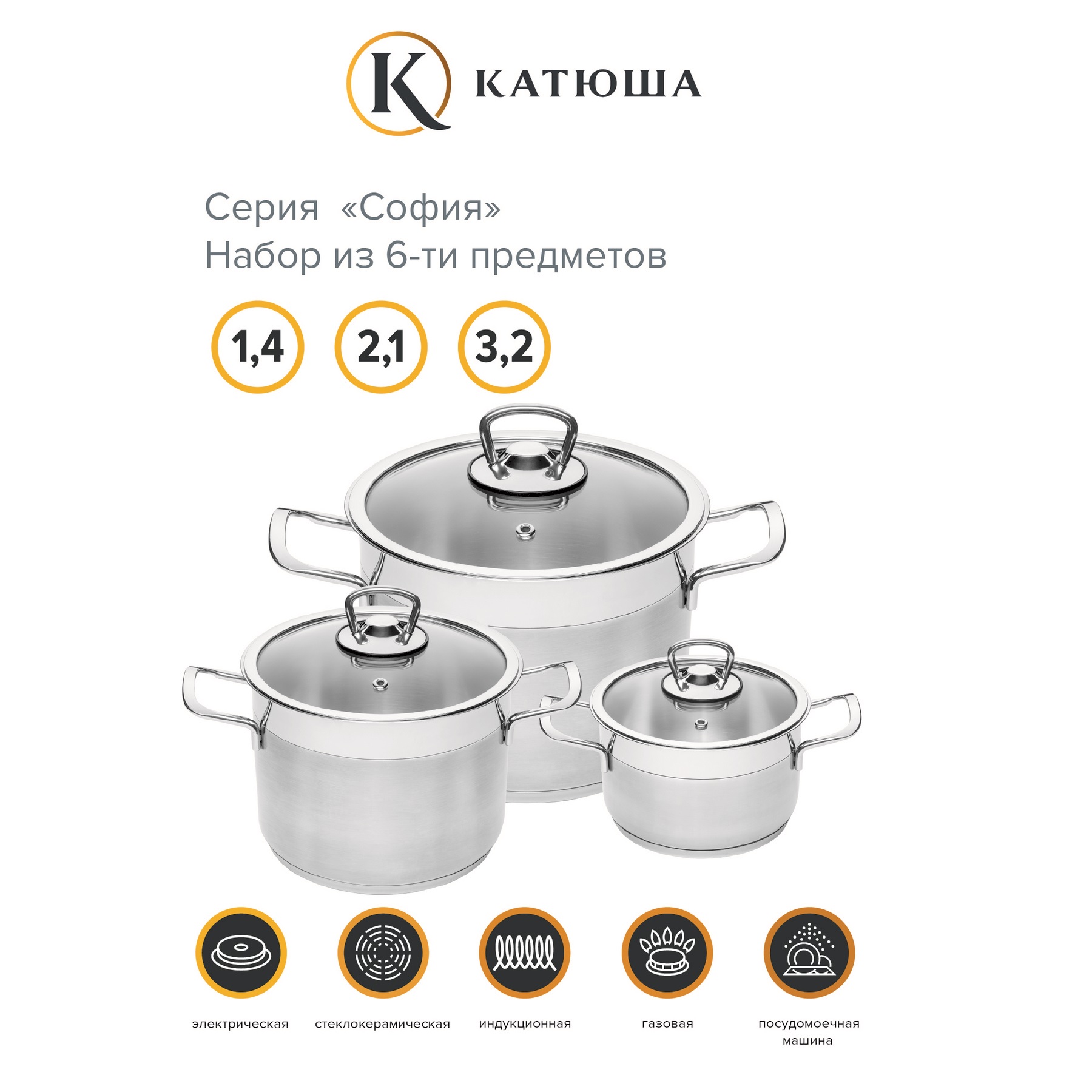 Набор кастрюль Катюша нержавеющая сталь София 6 предметов 1.4/2.1/3.2 л стеклянные крышки - фото 2