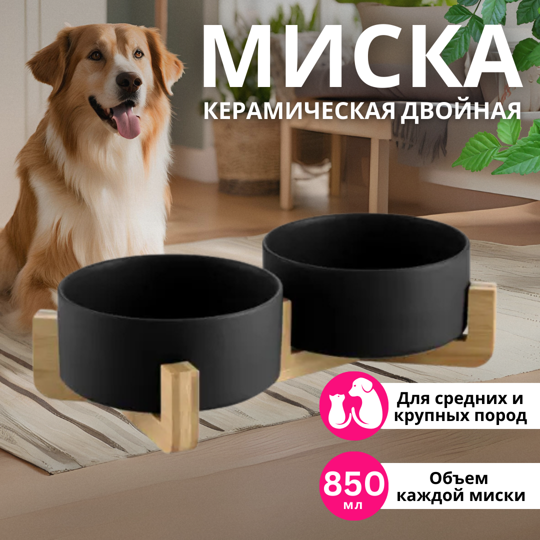 Миска двойная керамическая ZDK ZooWell Aura 850 мл (на подставке) цвет черный - фото 1