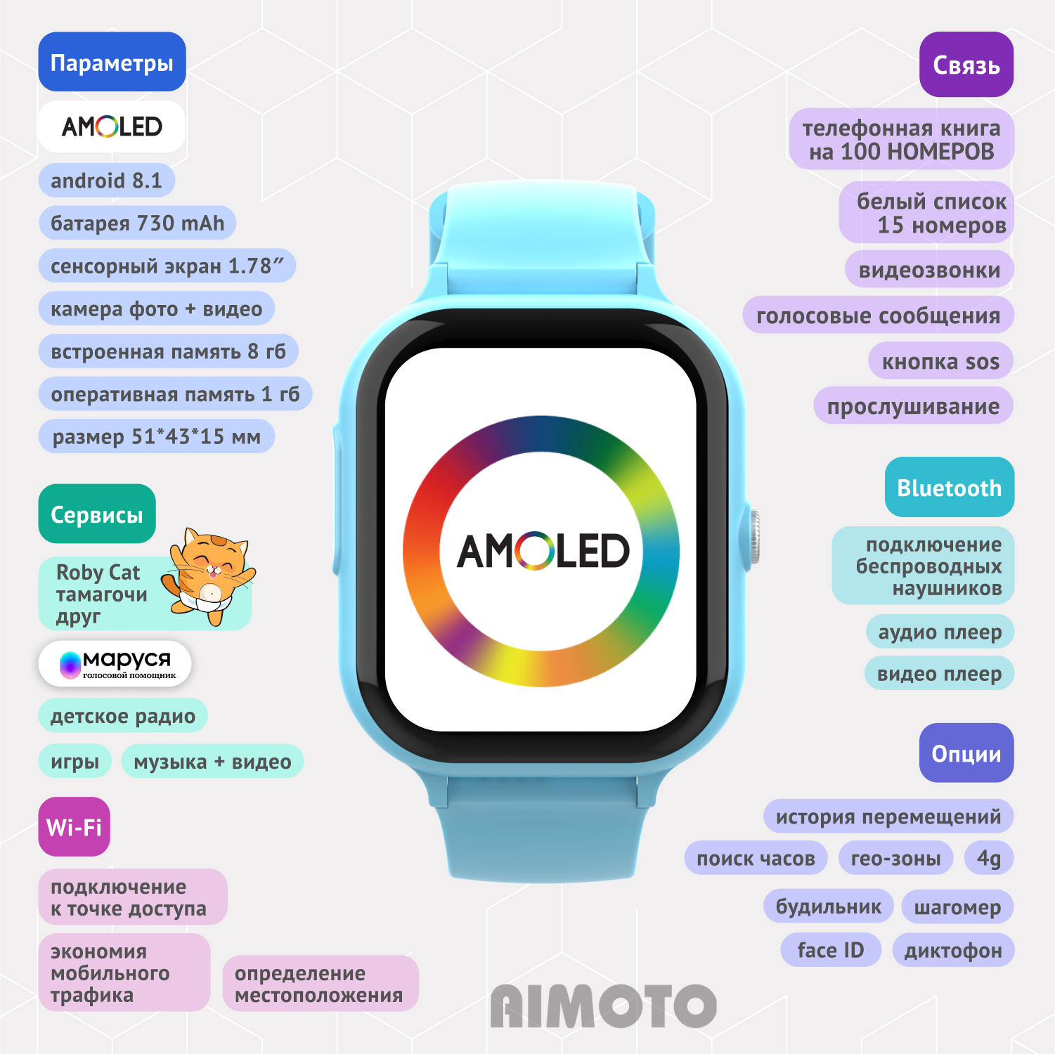 Детские смарт часы 4G + SIM-карта Aimoto Infinity (голубой) Amoled 1.78 Видеомониторинг Маруся Ватсап Телеграм + GPS - фото 6