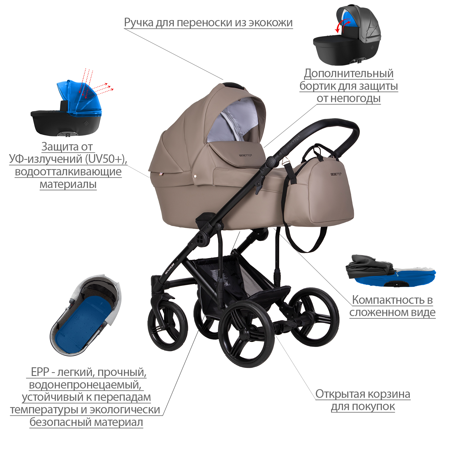 Коляска 2в1 Bebetto Magnum Light Pro коричневый - фото 3