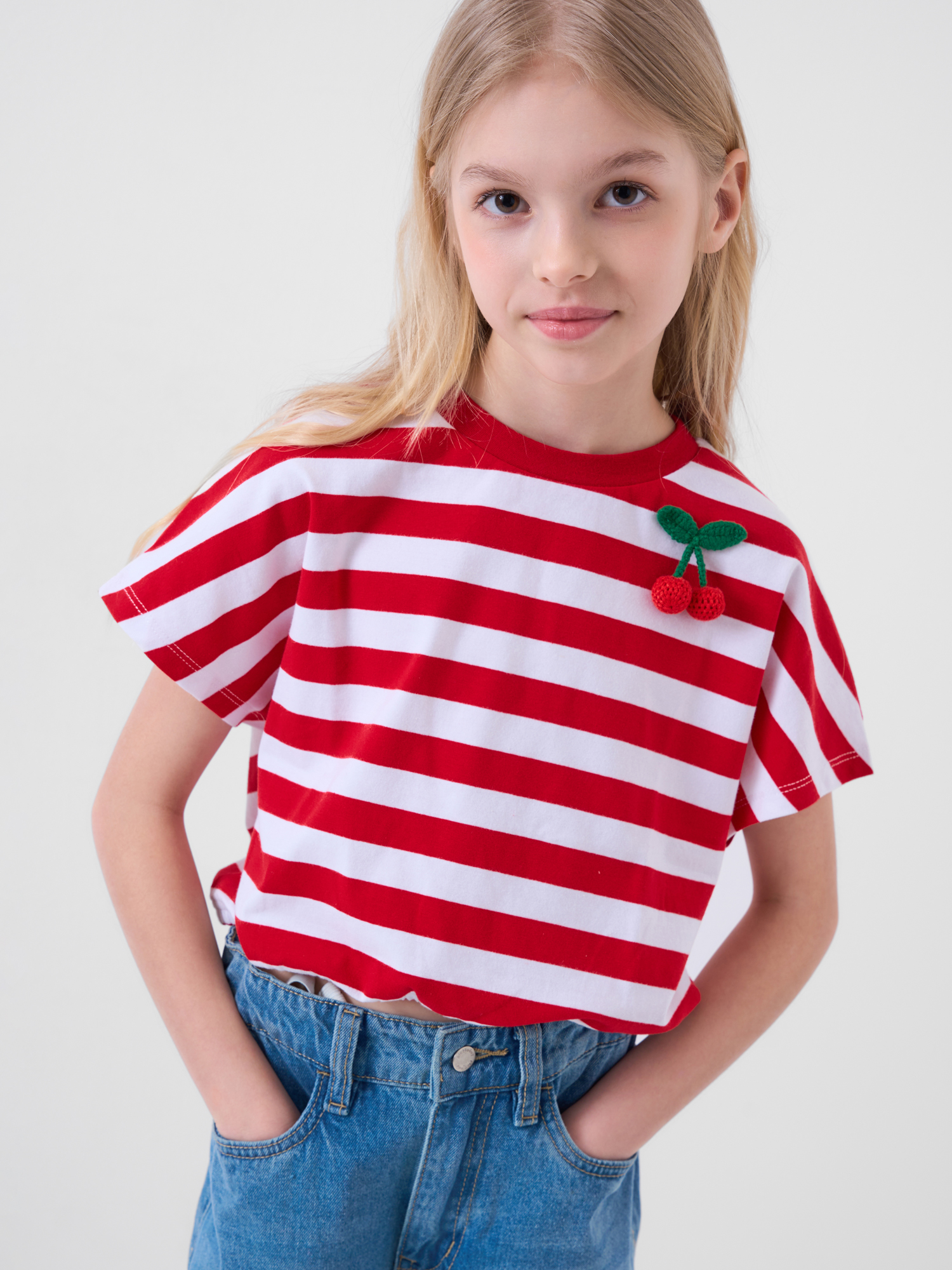 Изображение товара Топ PlayToday 164 Яркий хлопковый трикотаж джерси с вишнями