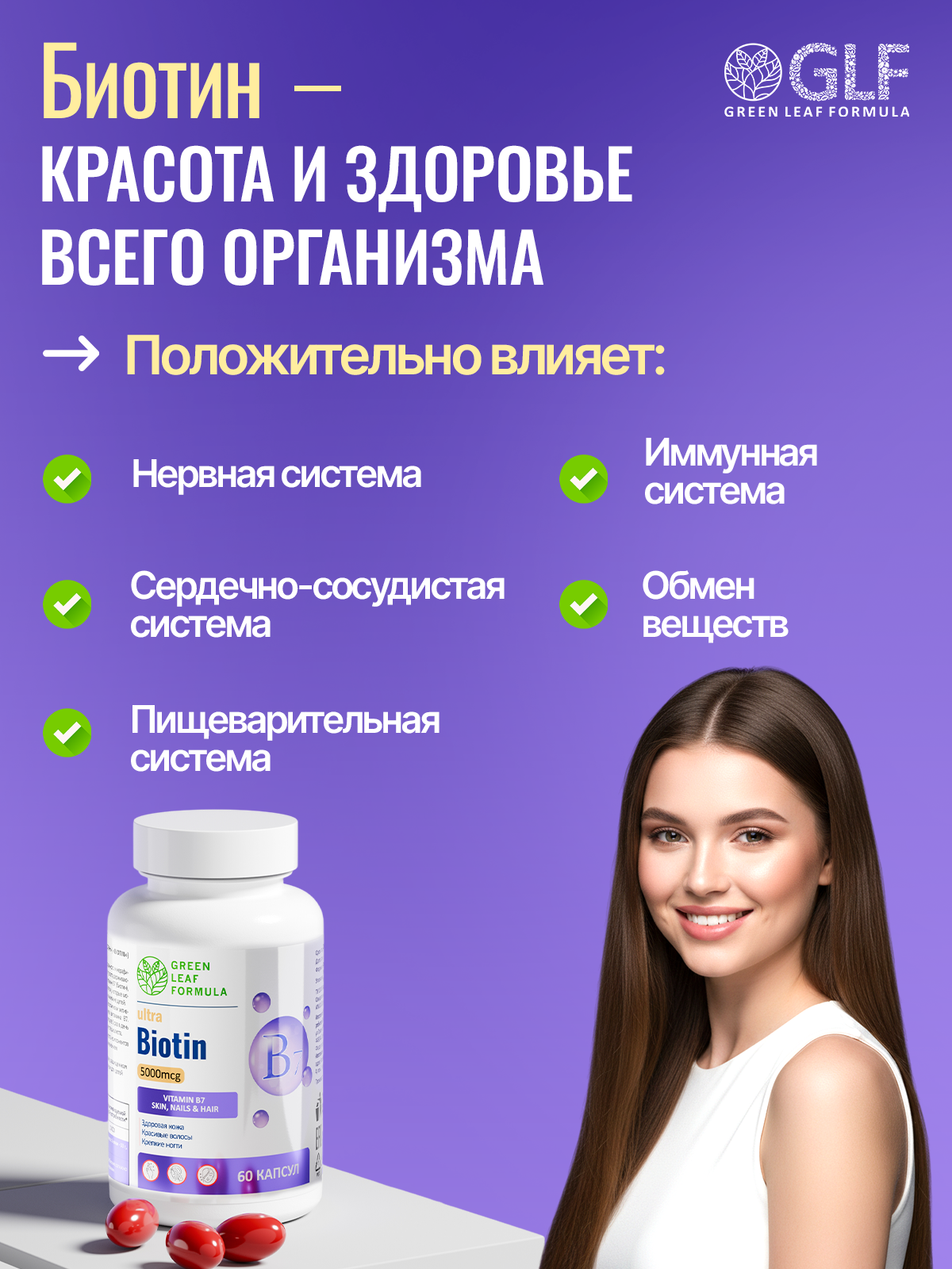 Биотин 5000 Green Leaf Formula для кожи для волос для ногтей витамины для женщин - фото 5