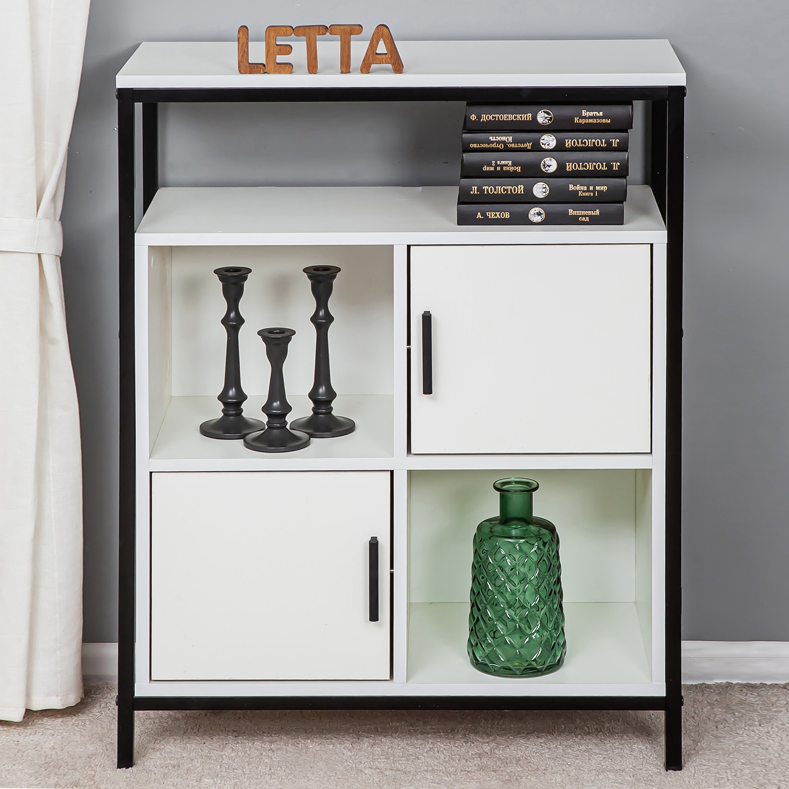 Шкаф стеллаж LETTA Frame Белое тиснение Черный металл 700х910(h)х300 - фото 3