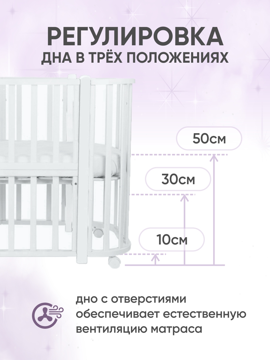 Детская кроватка Крошки Ни-Ки трансформер 5 в 1 овальная, поперечный маятник (белый) - фото 4