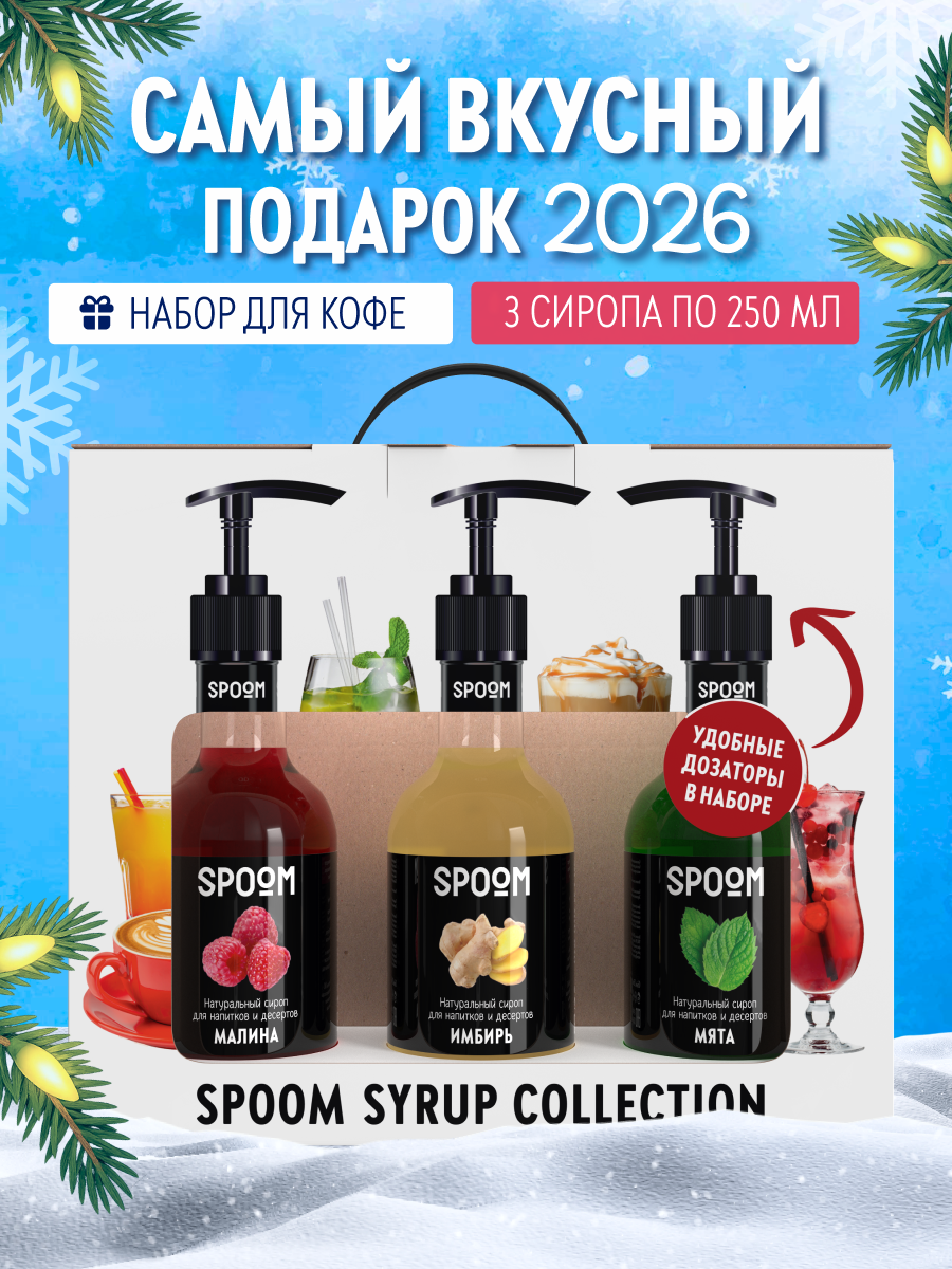 Набор сиропов SPOOM Имбирь Малина Мята для чая и коктейлей 3шт 250мл + 3 дозатора - фото 1