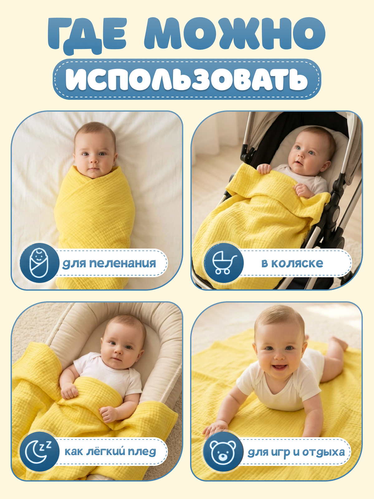 Пелёнка Loo-Loo желтая муслин 100х135 см 1 шт. - фото 3