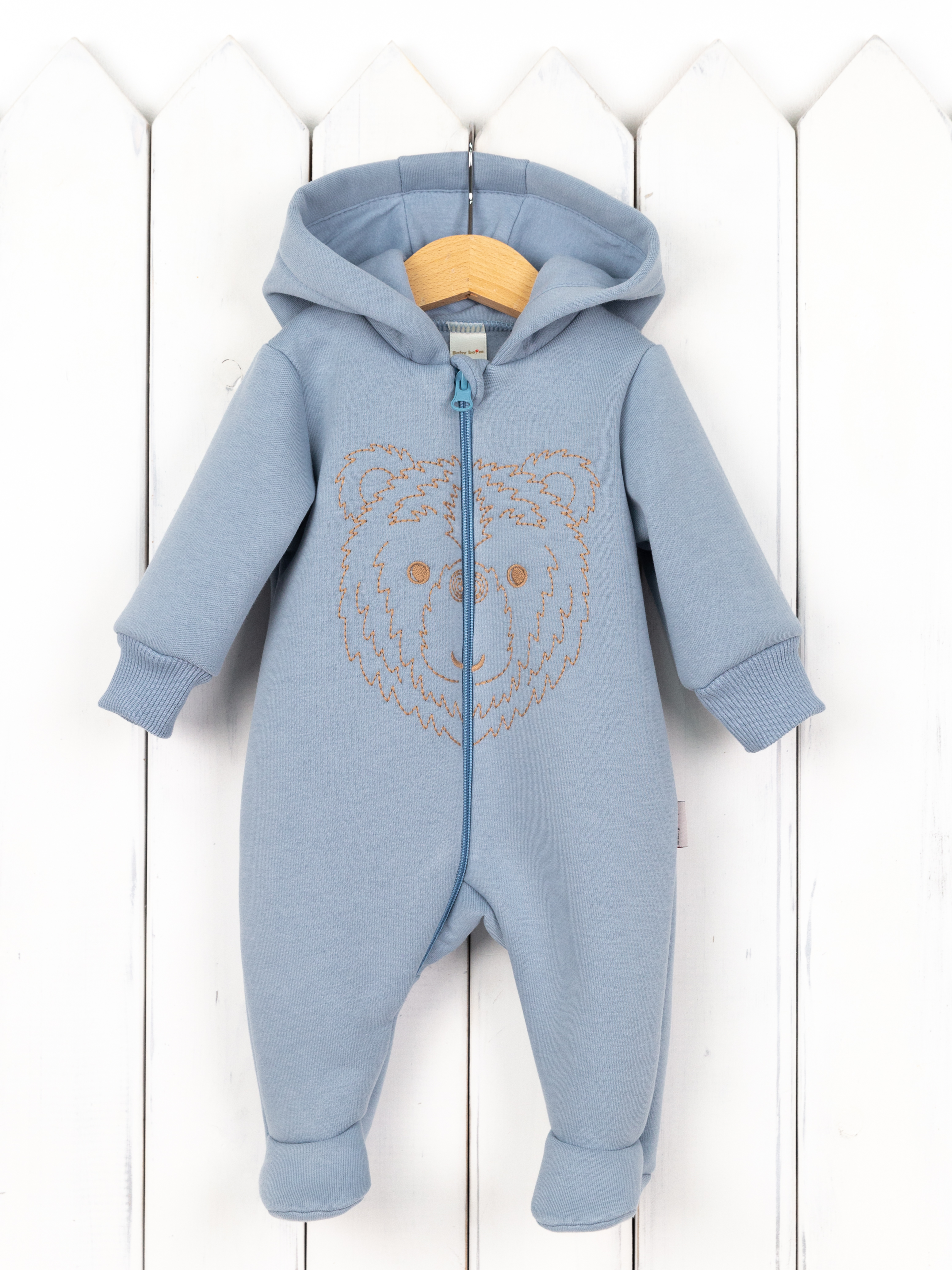 Комбинезон Baby boom К372/7-Ф начёс пыльно-голубой вышивка Медведь - фото 1