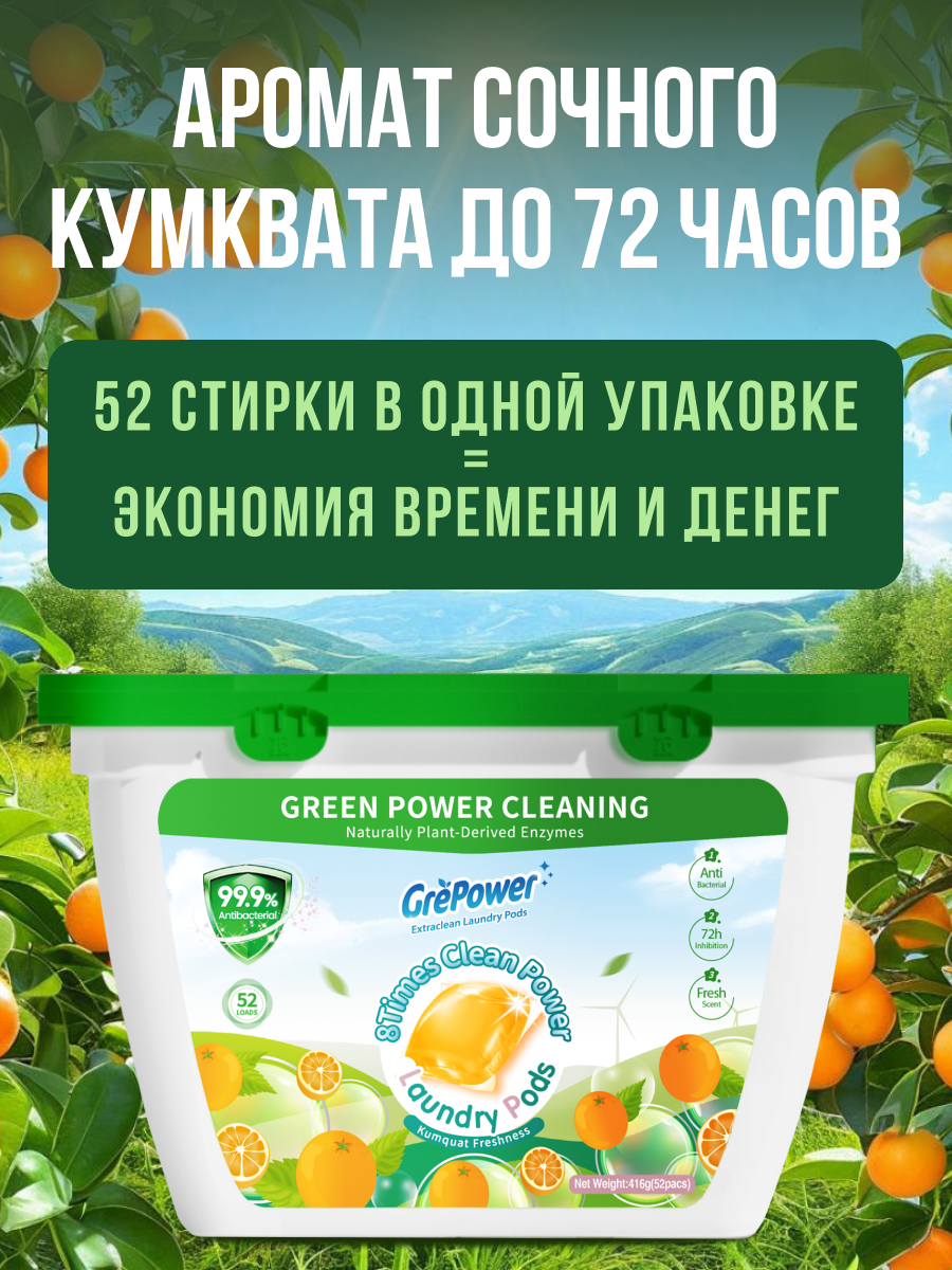 Капсулы для стирки GrePower Extra Clean Сочный кумкват 52 шт. - фото 5