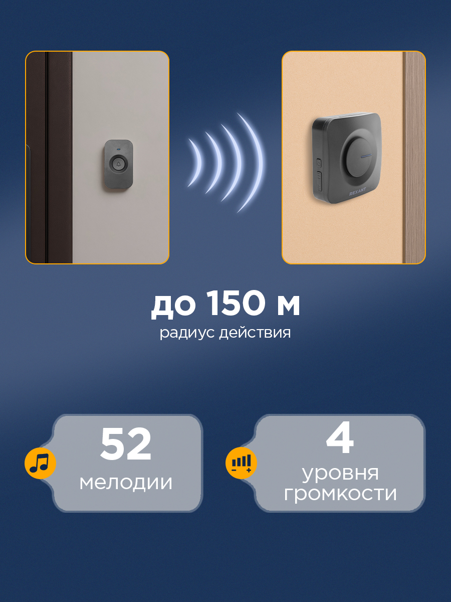 Беспроводной дверной звонок REXANT c цифровым кодированием 52 мелодии 150м IP56 - фото 2