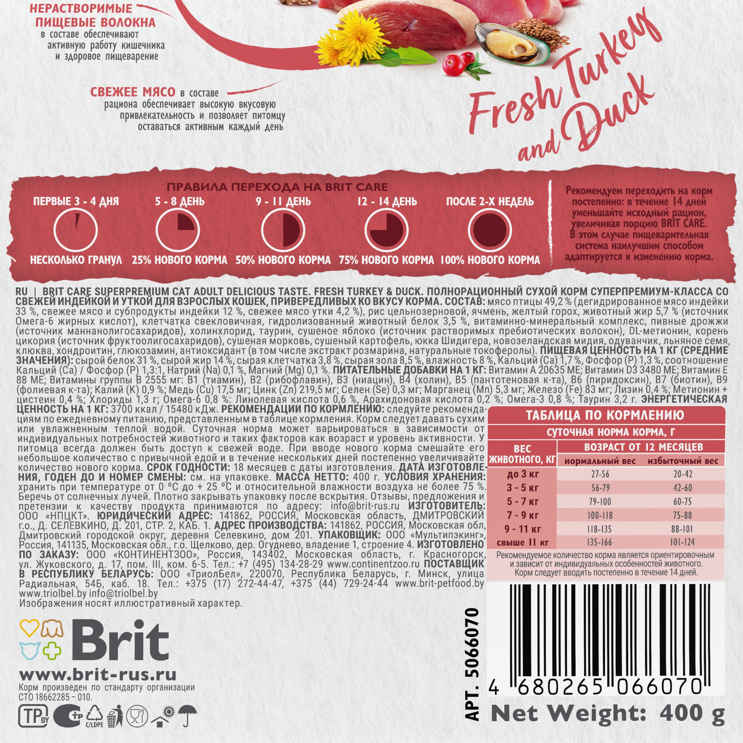 Корм для кошек Brit Care 0.4кг взрослых и привередливых с индейкой и уткой сухой - фото 6