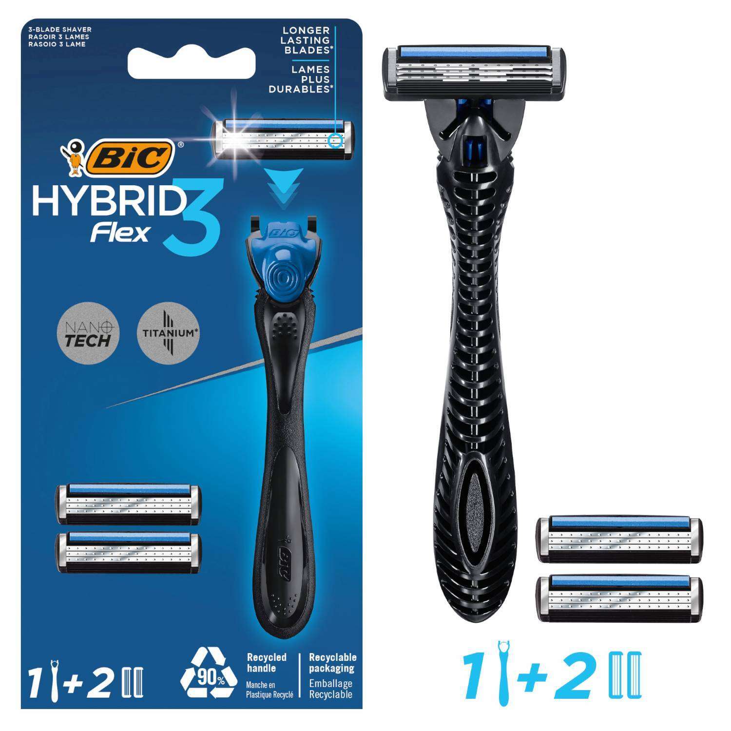 Бритва мужская BIC Flex 3 Hybrid 1 ручка и 2 сменные кассеты - фото 1