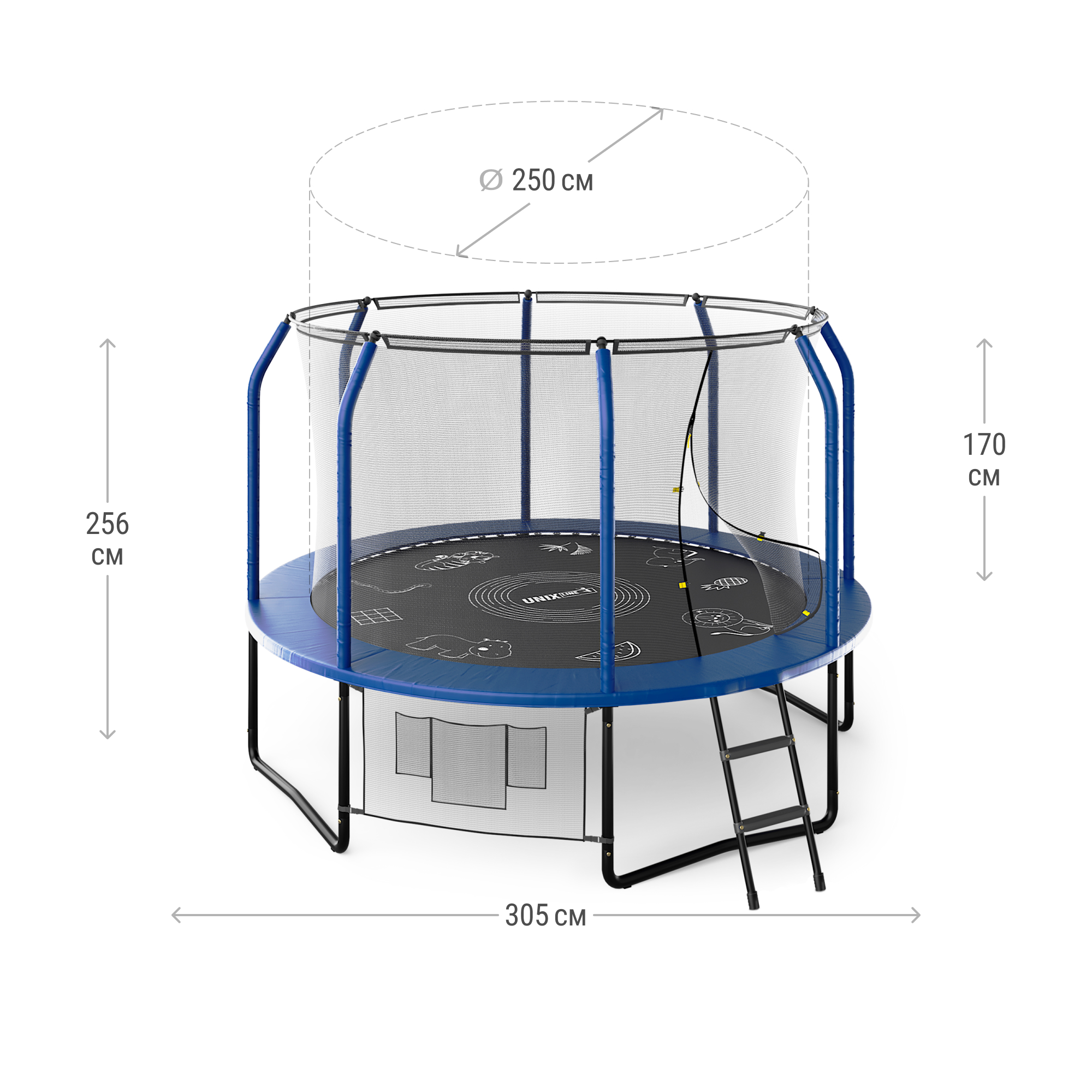 Батут каркасный supreme game UNIX line 10 ft blue общий диаметр 305 см до 150 кг диаметр прыжковой зоны 250 см - фото 2