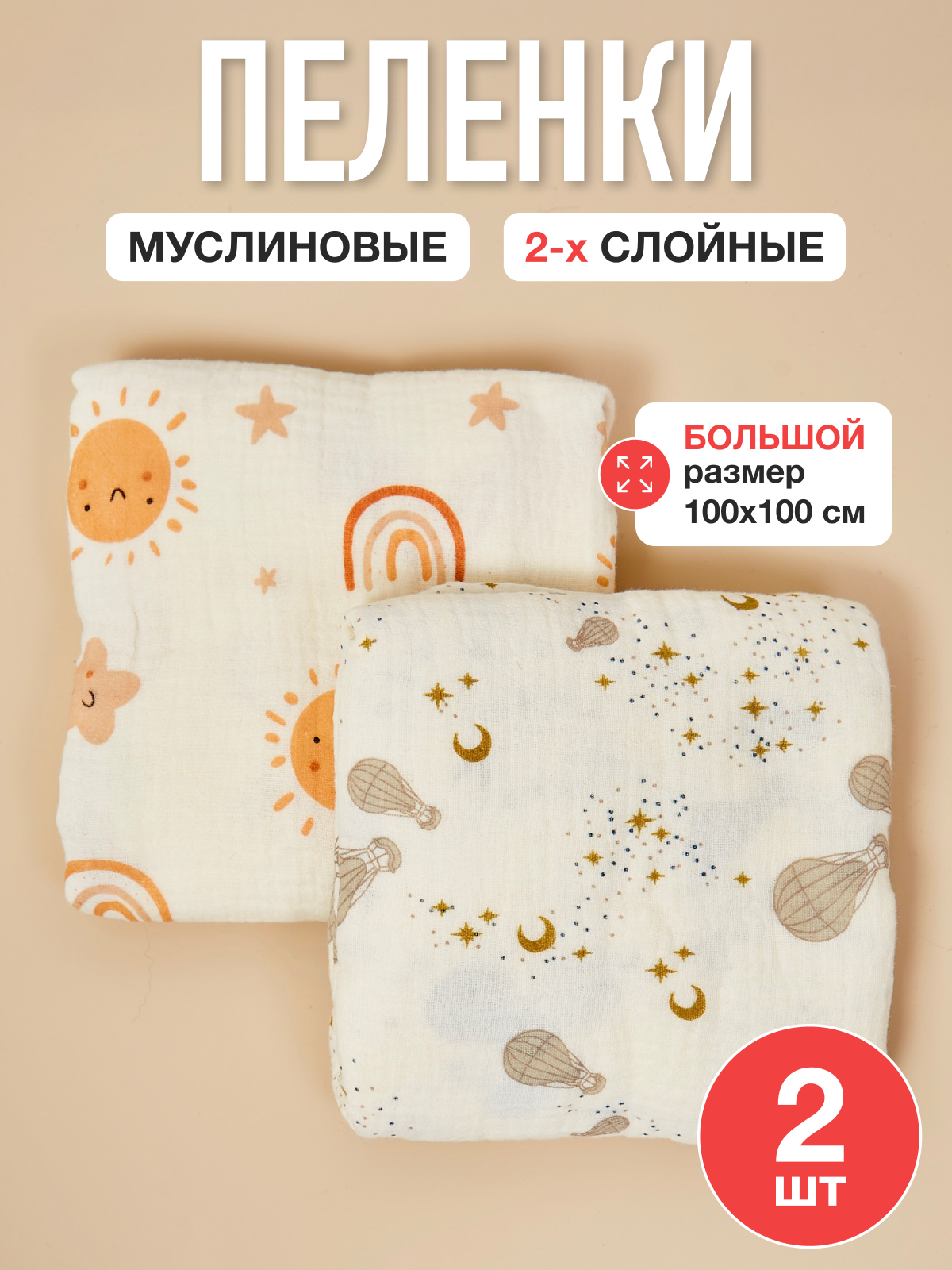 Пелёнка Mamagoods День и ночь муслин 100х100 см 2 шт. - фото 1
