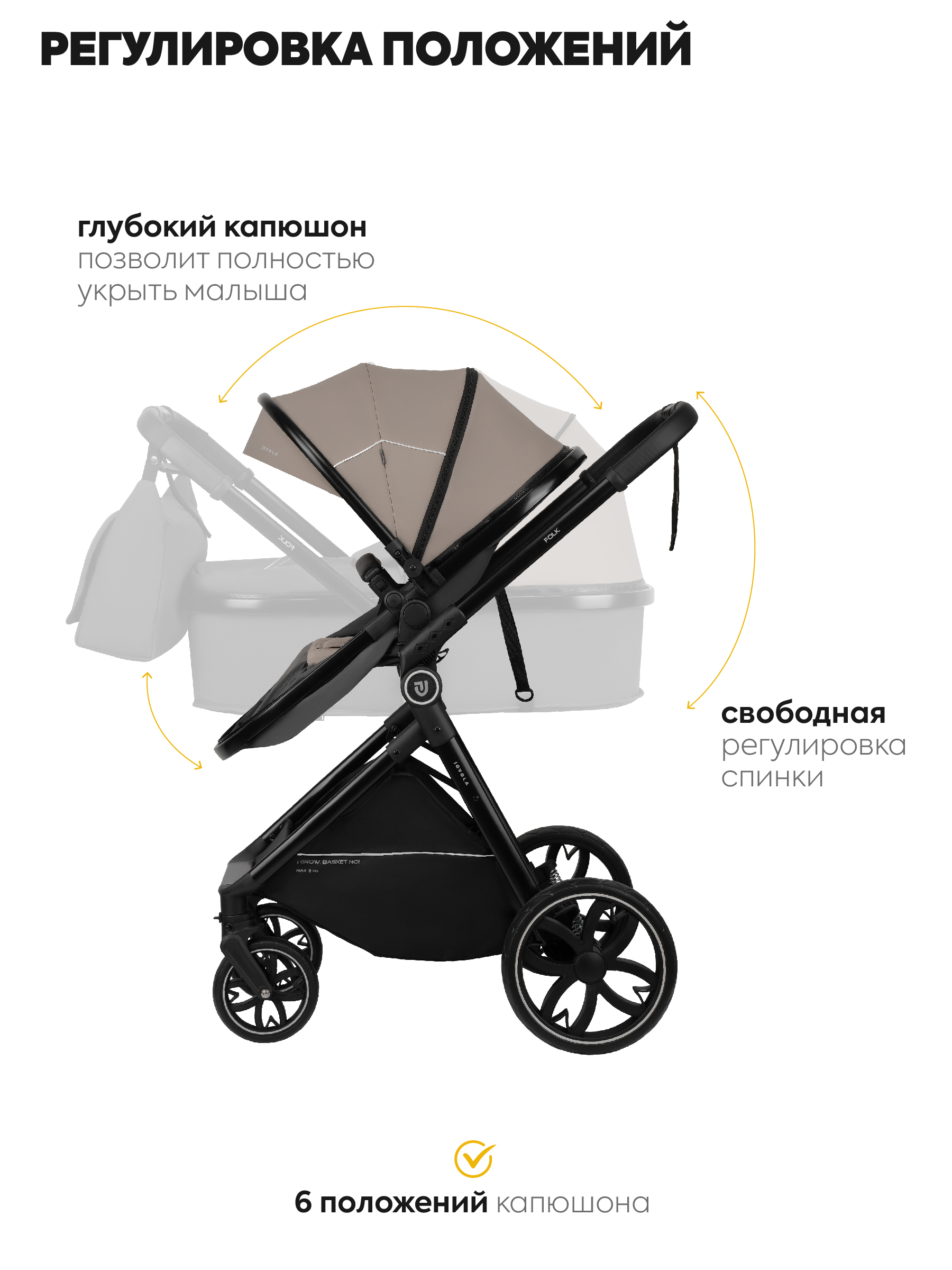 Коляска трансформер JOVOLA Folk W с утепленным вкладышем бежевый - фото 7