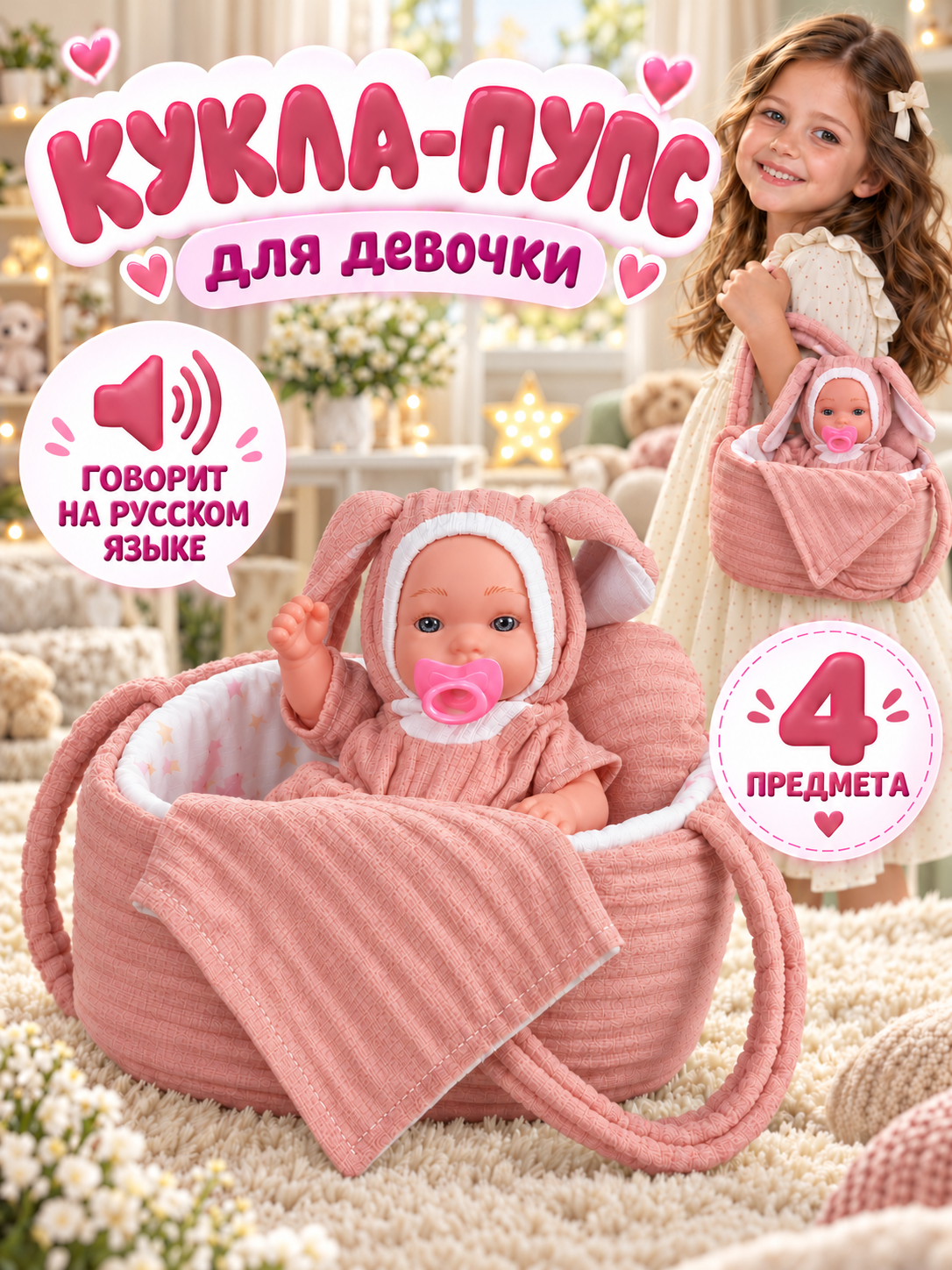 Кукла пупс AMORE BELLO интерактивный 4 предмета высота 26 см JB0214903 - фото 1