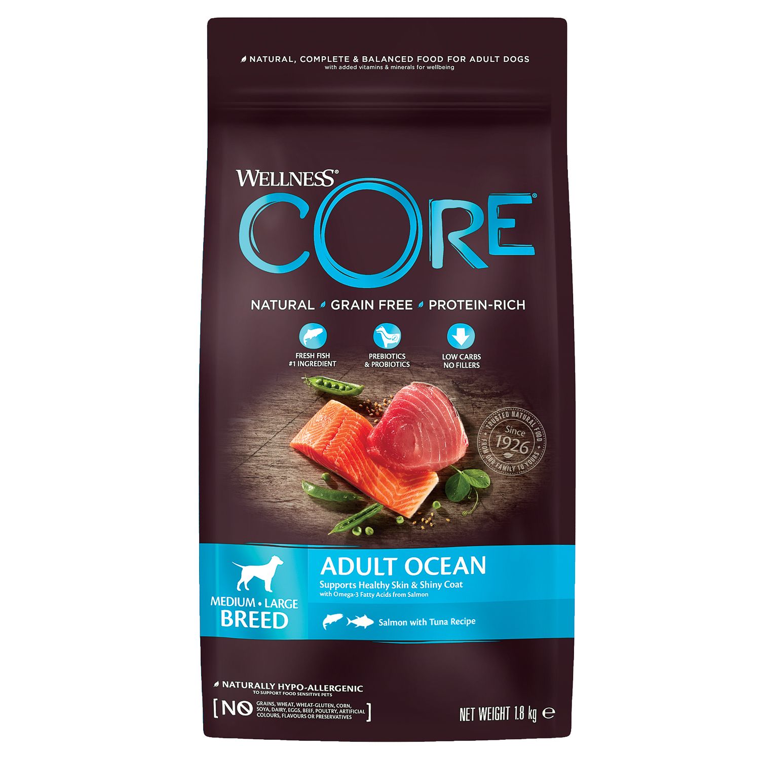Корм для взрослых собак Wellness CORE 1.8кг лосось-тунец для средних и крупных - фото 1