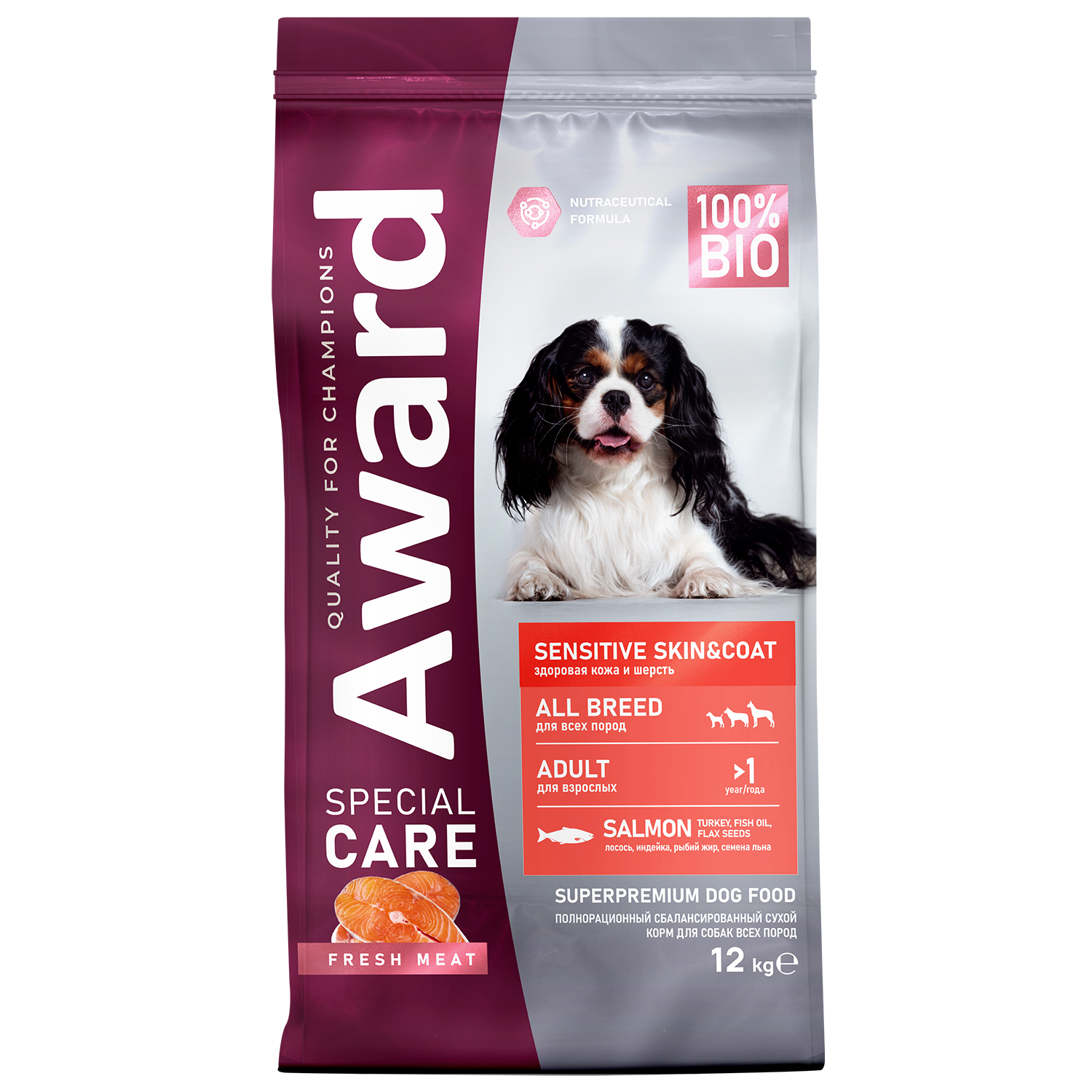 Корм для взрослых собак всех пород AWARD Sensitive Skin and Coat для здоровой кожи и шерсти со свежим лососем сухой 12кг - фото 1